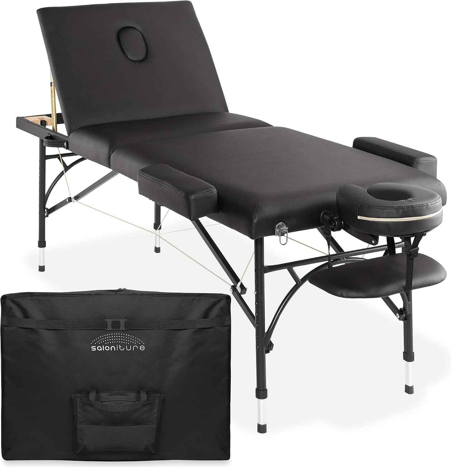 Saloniture Professional Portable Lightweight Tri-Fold Massage Table with Aluminum Legs - Includes Headrest, Face Cradle