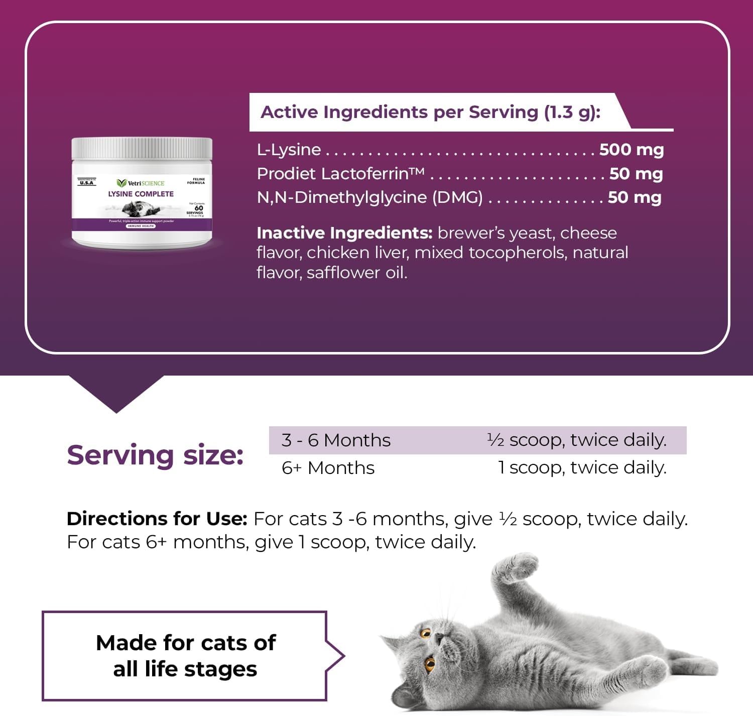 VetriScience Lysine Immunity Health Chews, 250 mg Lysine Plus Immune Supplement for Cats and Kittens with Allergies, Sneezing, Runny Nose and Watery Eyes, Chicken, 120 Count