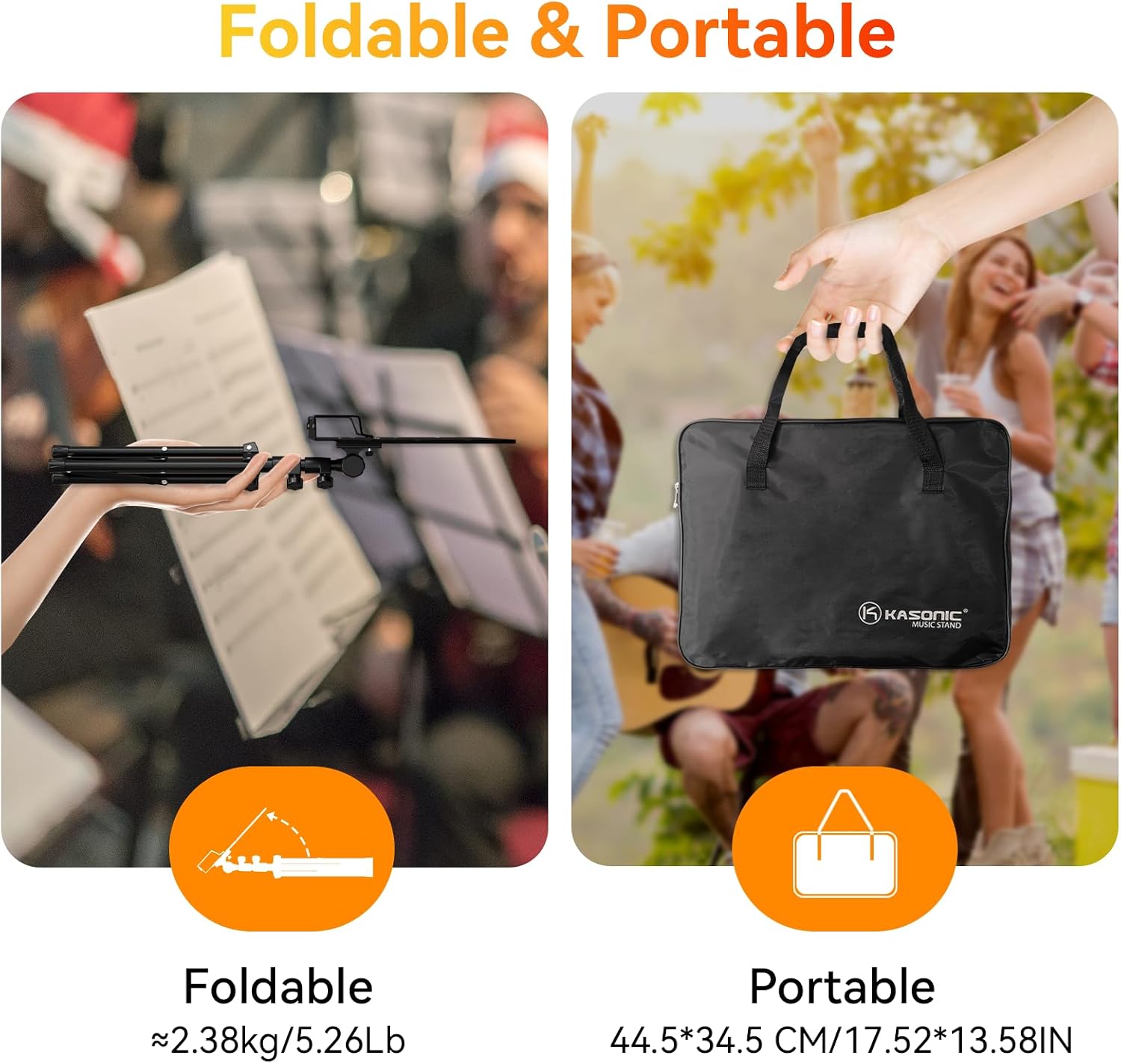 K KASONIC - Dual-Use Folding Sheet Music Stand & Desktop Book Stand with Portable Carrying Bag, Sheet Music Folder & Clip Holder (Black)
