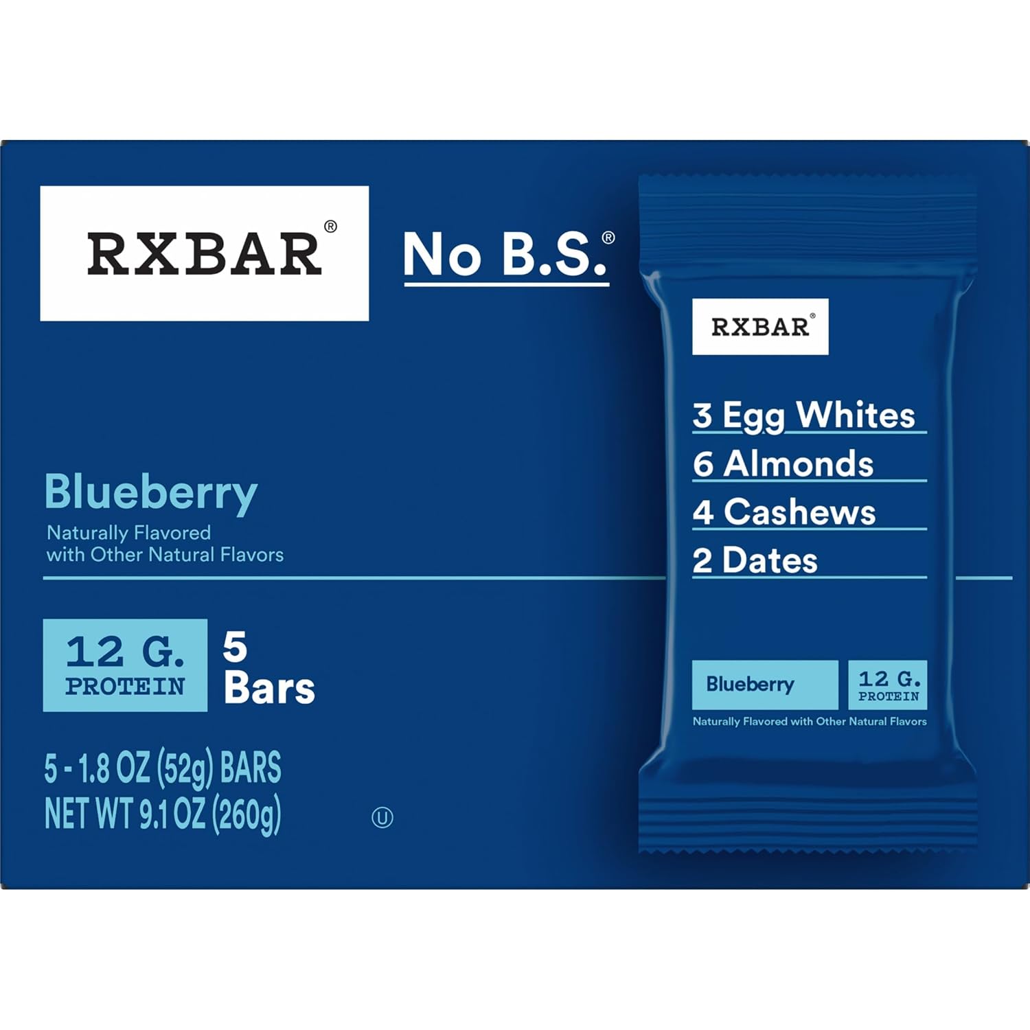 RXBAR Protein Bars, 12g Protein, Gluten Free Snacks, Blueberry, 22oz Box (12 Bars)