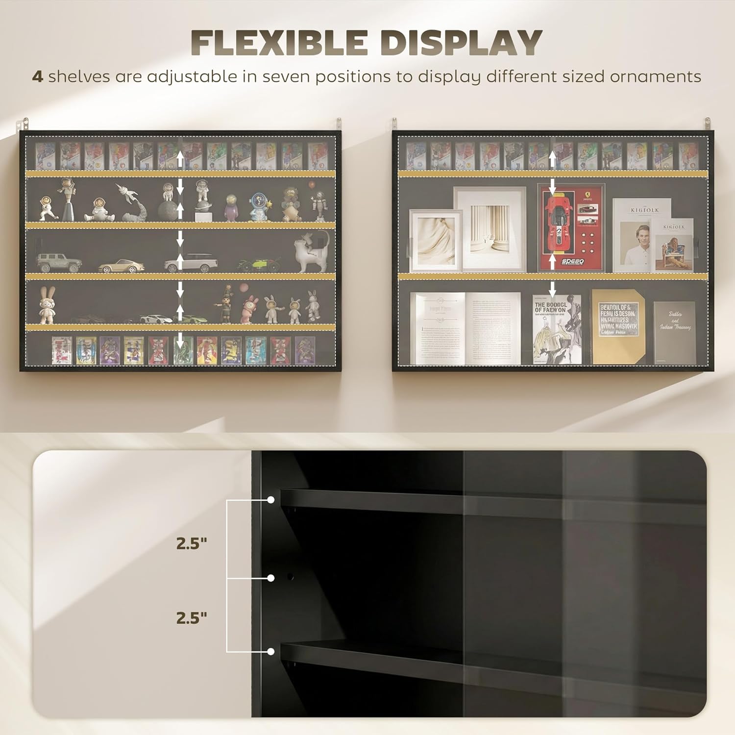 HOMCOM 5-Tier Display Cabinet, Glass Door Cabinet with Adjustable Shelves, Wall-Mounted Display Case for Playroom, Bedroom, Black