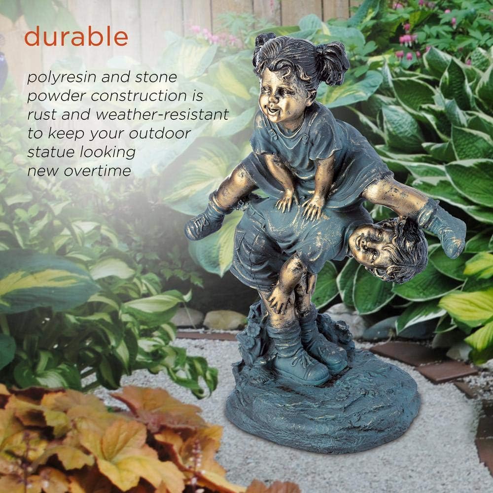 Alpine Corporation 26" Tall Indoor/Outdoor Girl Jumping Over Boy Statue Yard Art Decoration