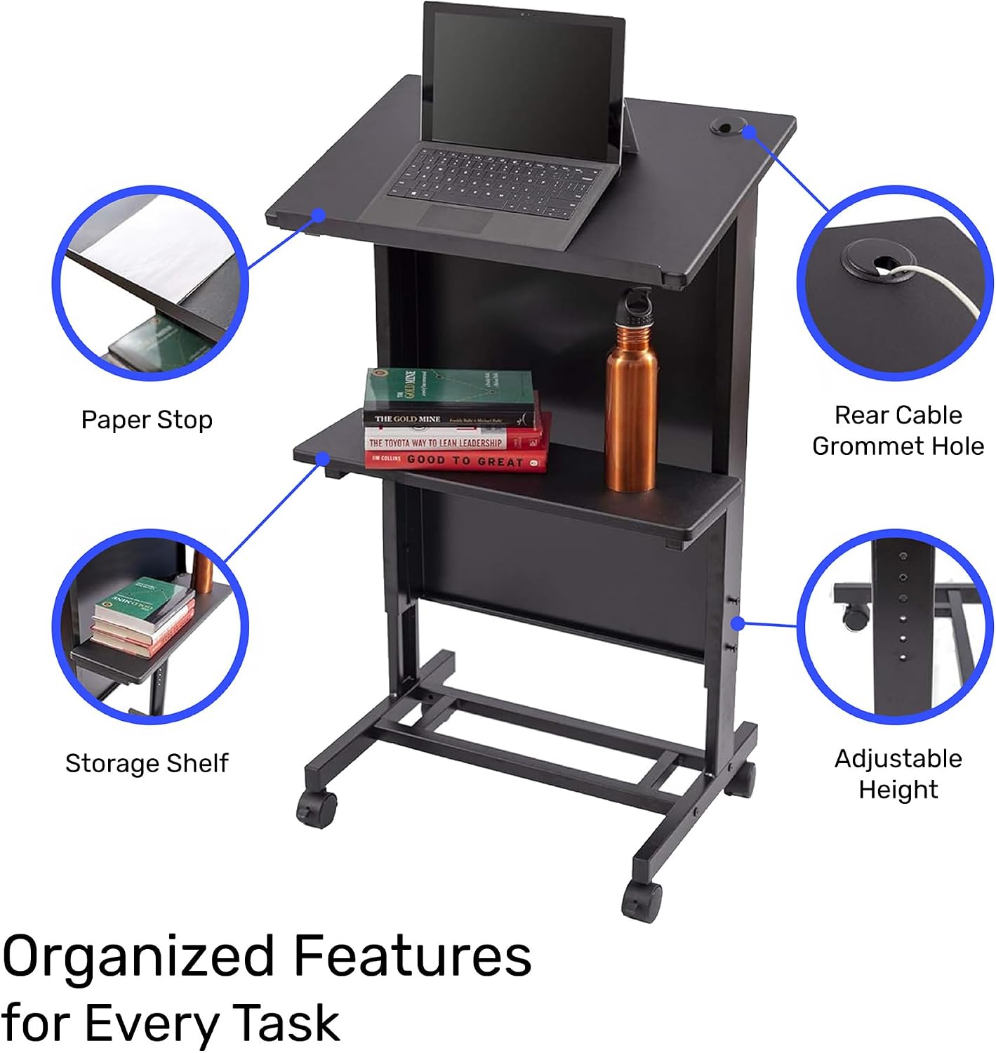 Stand Up Adjustable Height Lectern Podium | Rolling Desk with Storage Shelf | Ergonomic Standing Desk Frame for Office, Classroom, Laptop, Teaching, Presentations & More (Dark Walnut)