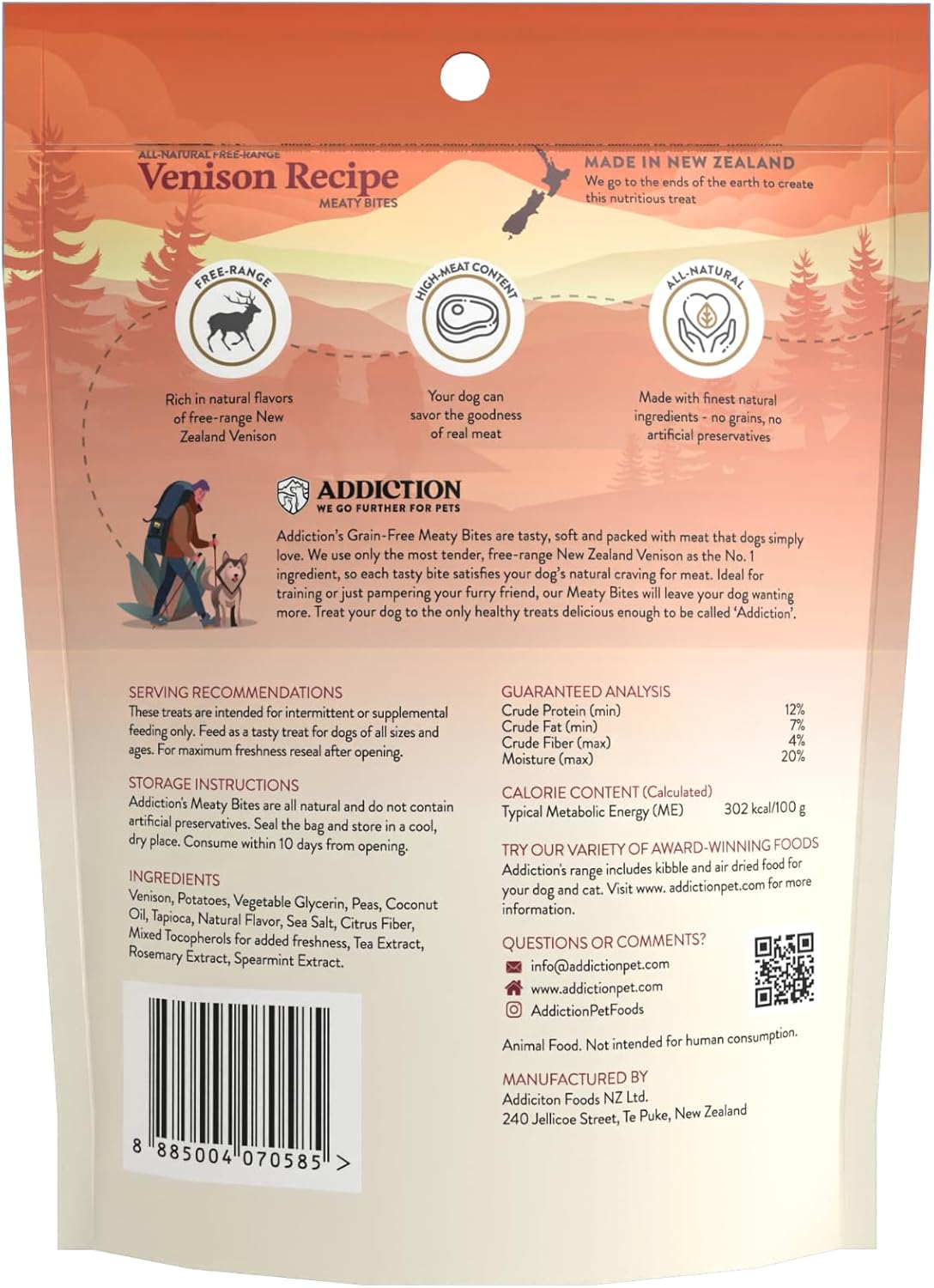 Addiction Venison Recipe Meaty Bites, All Natural Free Range Grain Free High Meat Dog Treats, 4 Oz.