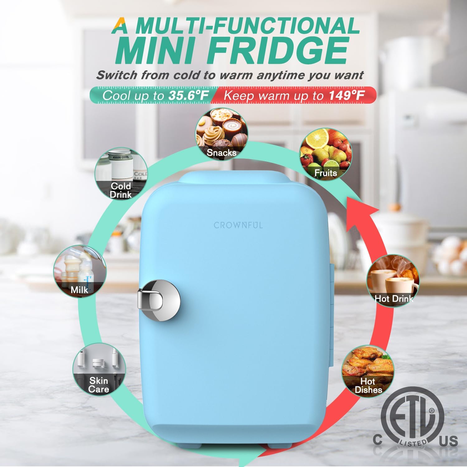 CROWNFUL Mini Fridge, 4 Liter/6 Can Portable Cooler and Warmer Personal Refrigerator for Skin Care, Cosmetics, Beverage, Food, Great for Bedroom