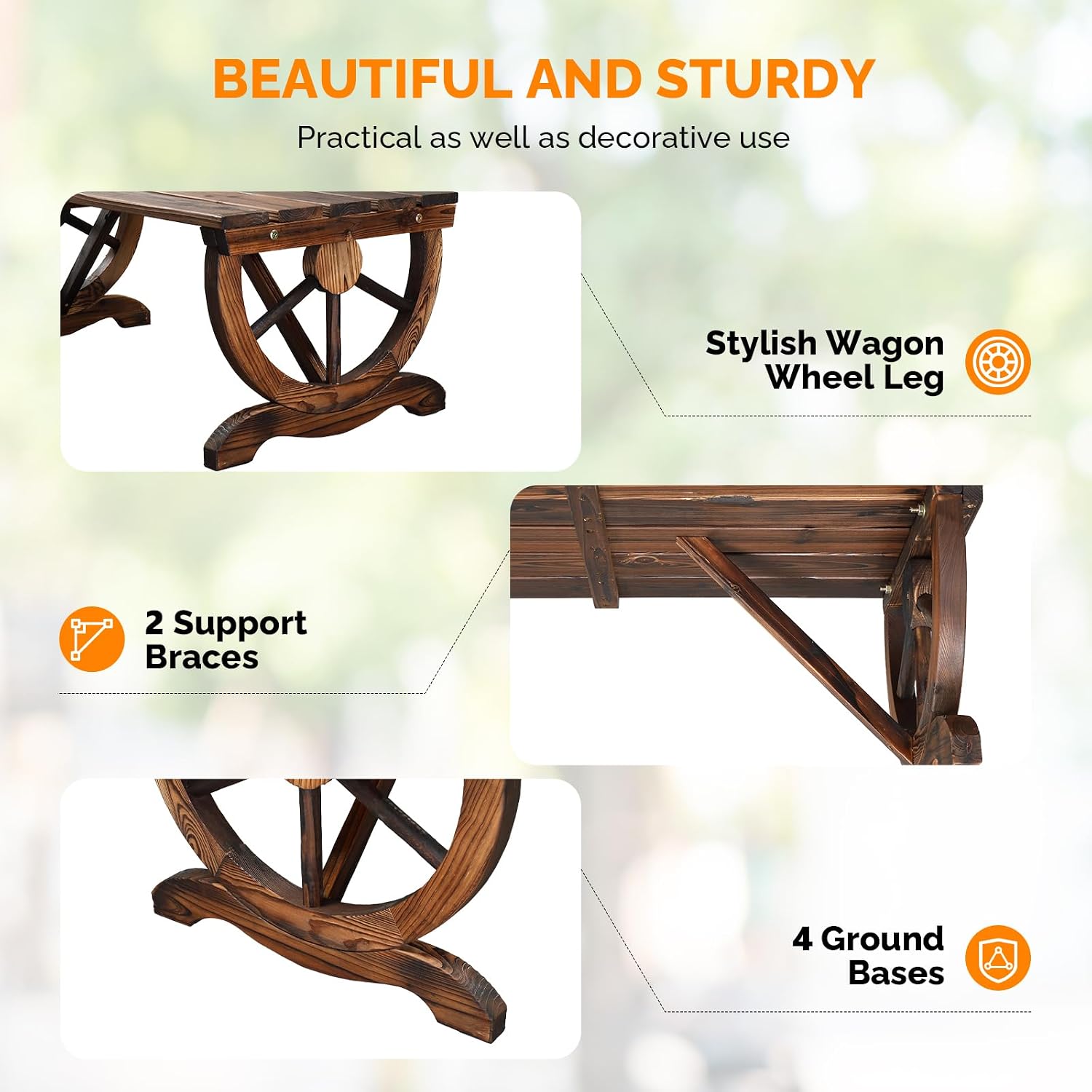 VINGLI Rustic Wooden Wheel Bench Outdoor Bench, Patio Bench Wagon Slatted Seat, Garden Benches for Outdoors 350lbs High Capacity