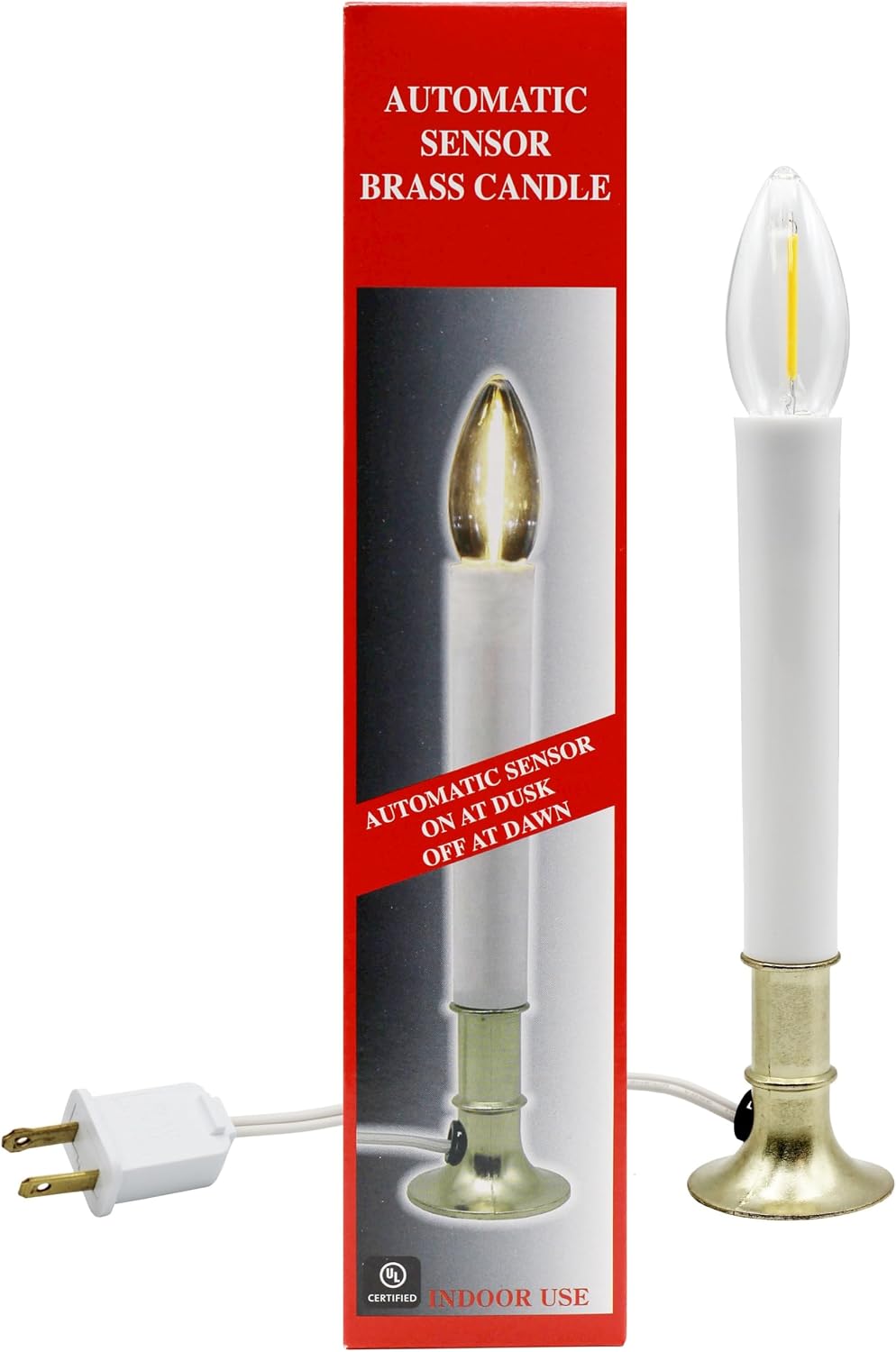 Creative Hobbies Electric Window Candle Lamp with Brass Plated Base, Dusk to Dawn Sensor Turns Candle on in Dark and Off in Light, Ready to Use!