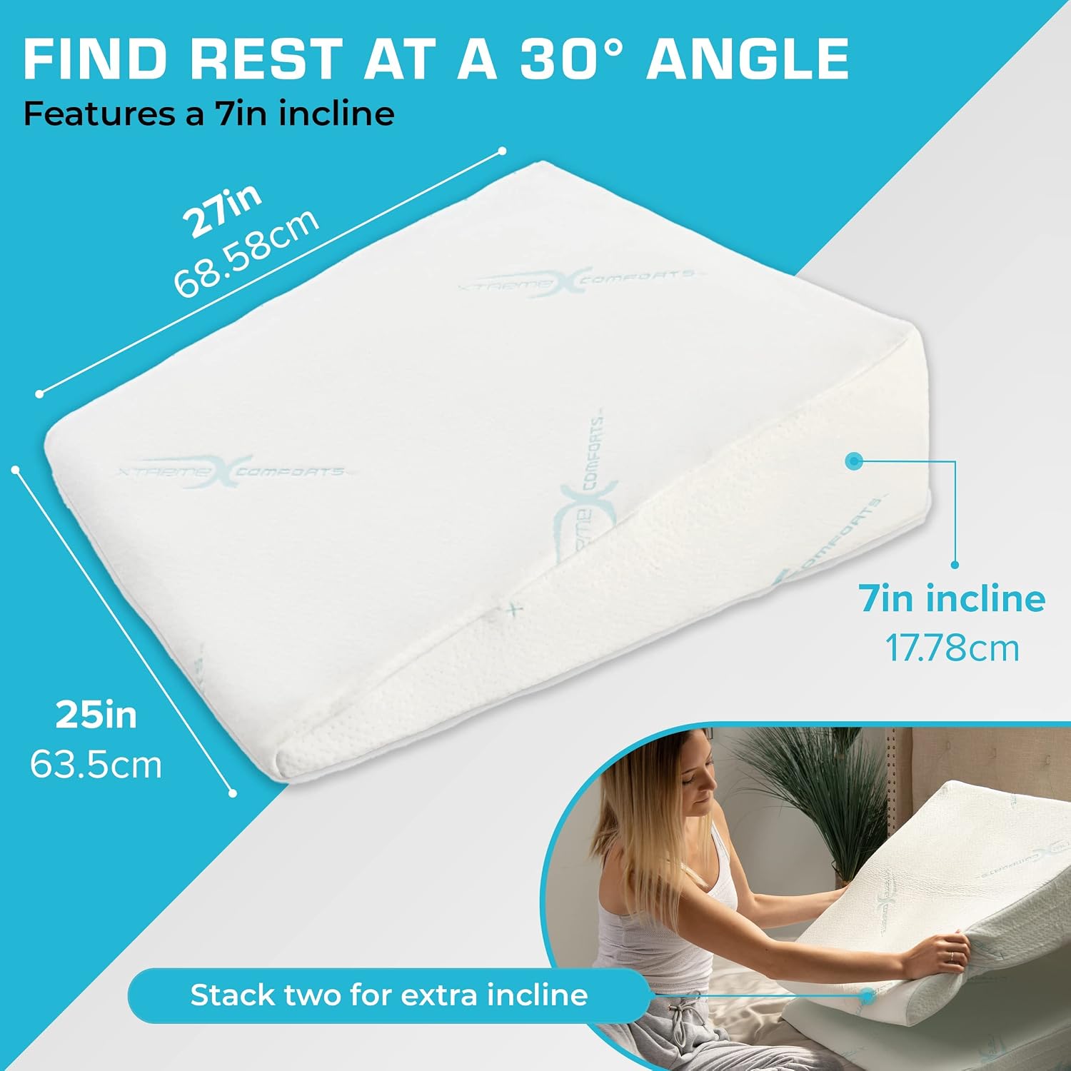 Xtreme Comforts Wedge Pillow Headboard | 7 Inch Bed Wedge Pillow Cushion for Sleeping, Reading, and Lounging | Multi-Use Support for Upright Rest