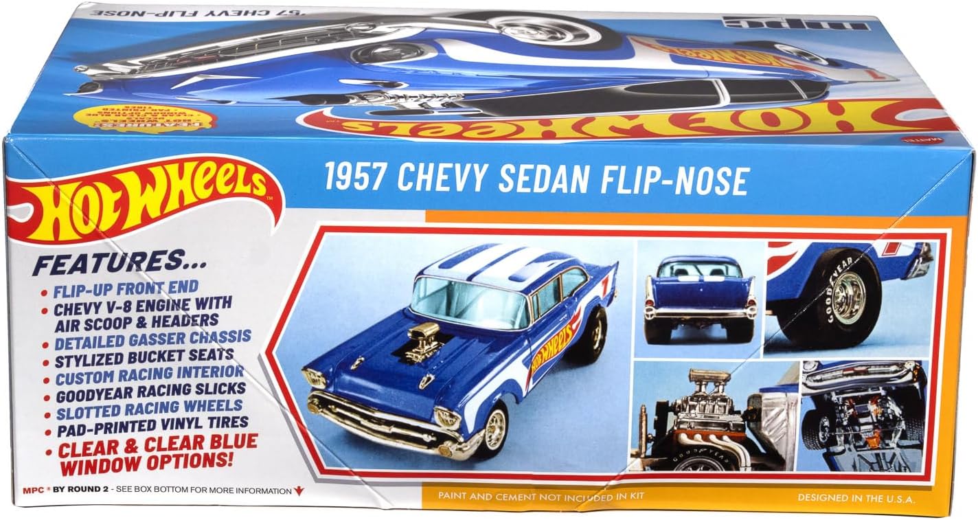 MPC Hot Wheels 1957 Chevy Flip-Nose Model Kit – 1:25 Scale Gasser, Flip Front End, V8 Engine, 87 Parts, Skill Level 2 (Paint & Glue Required)