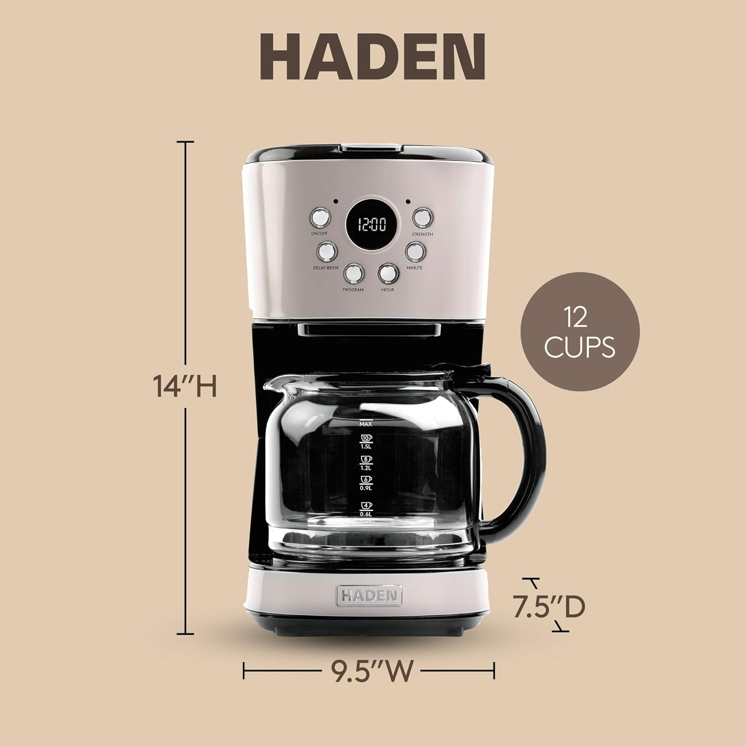 HADEN 12-Cup Programmable Coffee Maker for Home or Office, Putty & Chrome – Drip Brewer Machine with Brew Strength, Delay Brewing