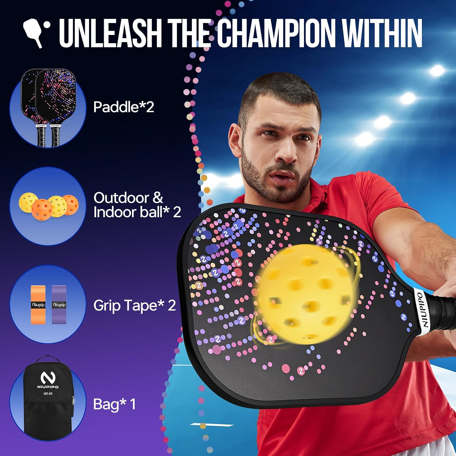niupipo Pickleball Paddles Set of 2 or 4, USAPA Approved Fiberglass Pickleball Paddle Set with Balls and Bag, Polypropylene Honeycomb Core