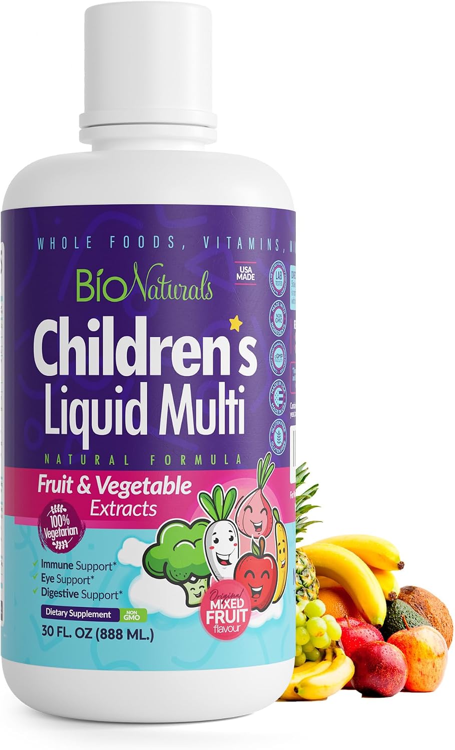 Children's Liquid Multivitamin & Immune Booster - Natural Supplement for Kids & Toddlers with Vitamins A B C D3 E, Fiber