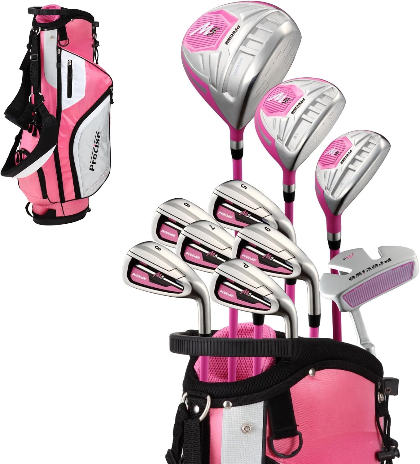 Precise - Women's Golf Club Set - Pink | Titanium driver, stainless fairway & hybrid, irons through wedge, putter, 3 headcovers, petite to tall, left/right