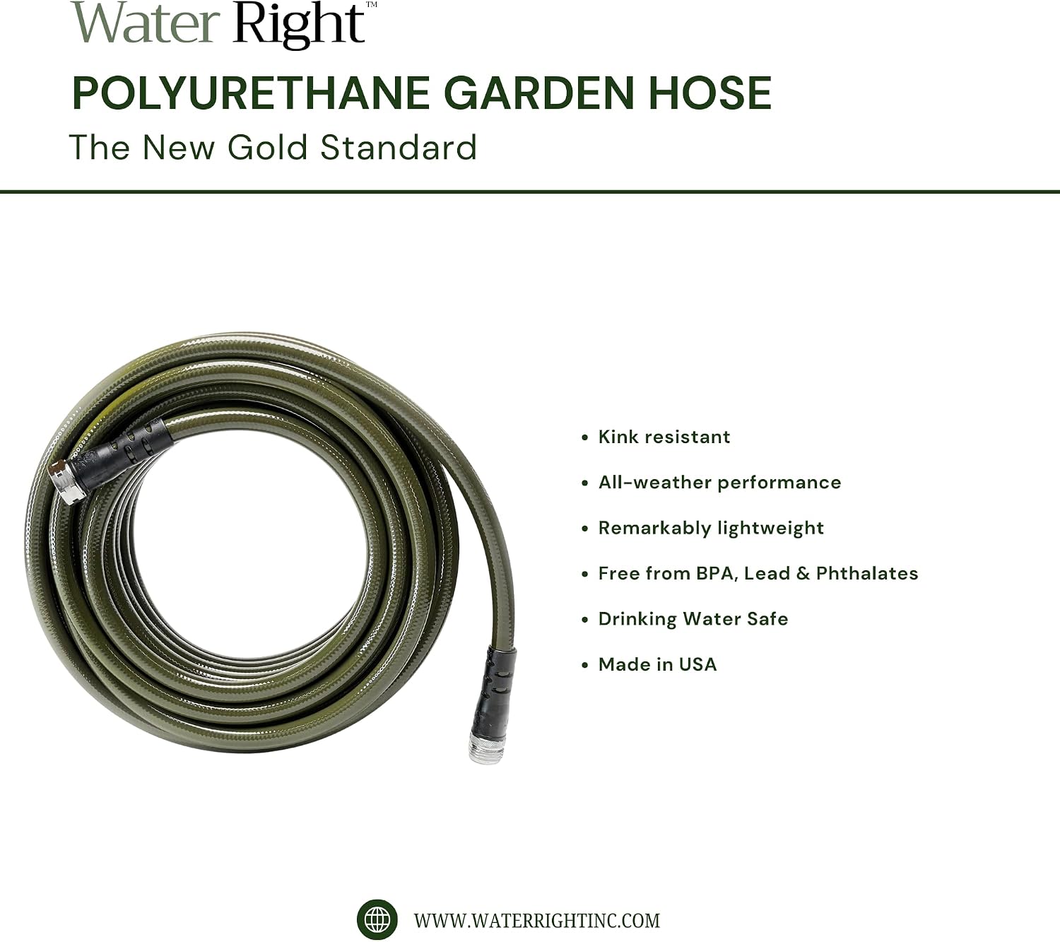 Water Right Polyurethane Garden Hose, 100 Ft, Non-toxic, 1/2” ID, Olive