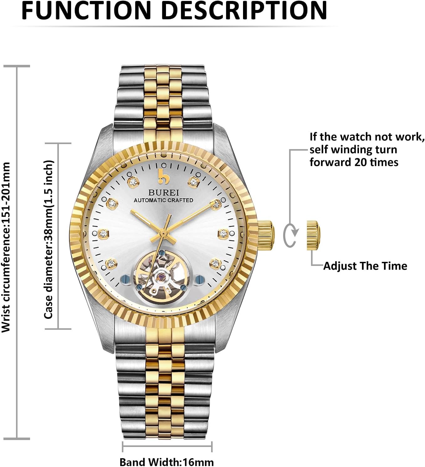 BUREI Men's Luxury Automatic Watch Fashion Waterproof Mechanical Watch, Adjustable Stainless Steel Two Tone Strap,Gift for Men