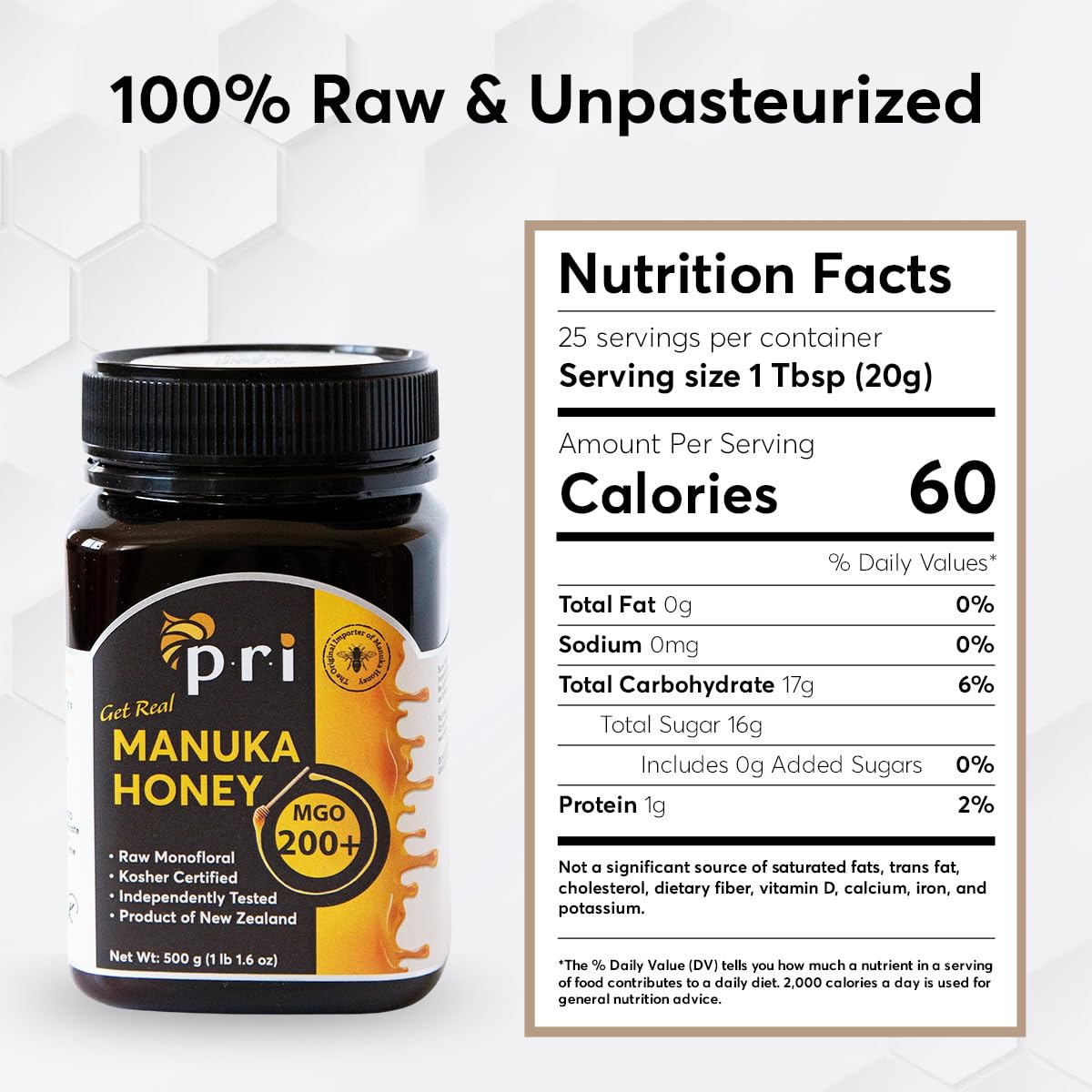 P.R.I Manuka Honey MGO 200+ (500g/1.1lb) | Monofloral Raw New Zealand Honey, Cool‑Processed & 100% Traceable