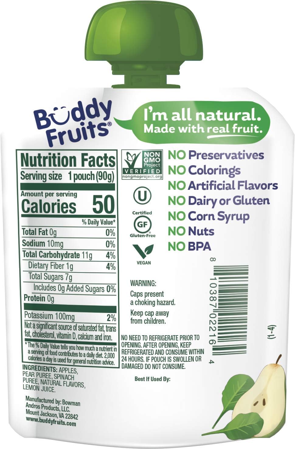 Buddy Fruits Snacks To Go Multifruit Unsweetened Applesauce 3.2oz Pouch (18pk) Gluten-Nut-Dairy-Preservatives-BPA Free, Non GMO, Kosher