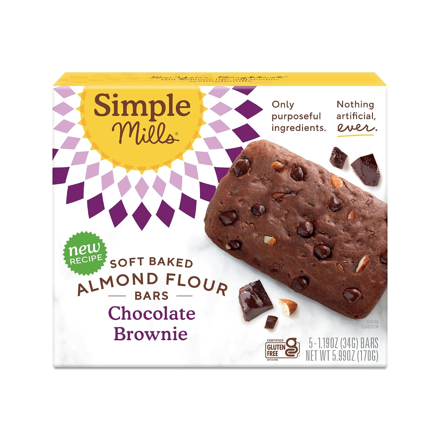 Simple Mills Soft Baked Dark Chocolate Almond Flour Bars, 5 ct, 1.19 oz each
