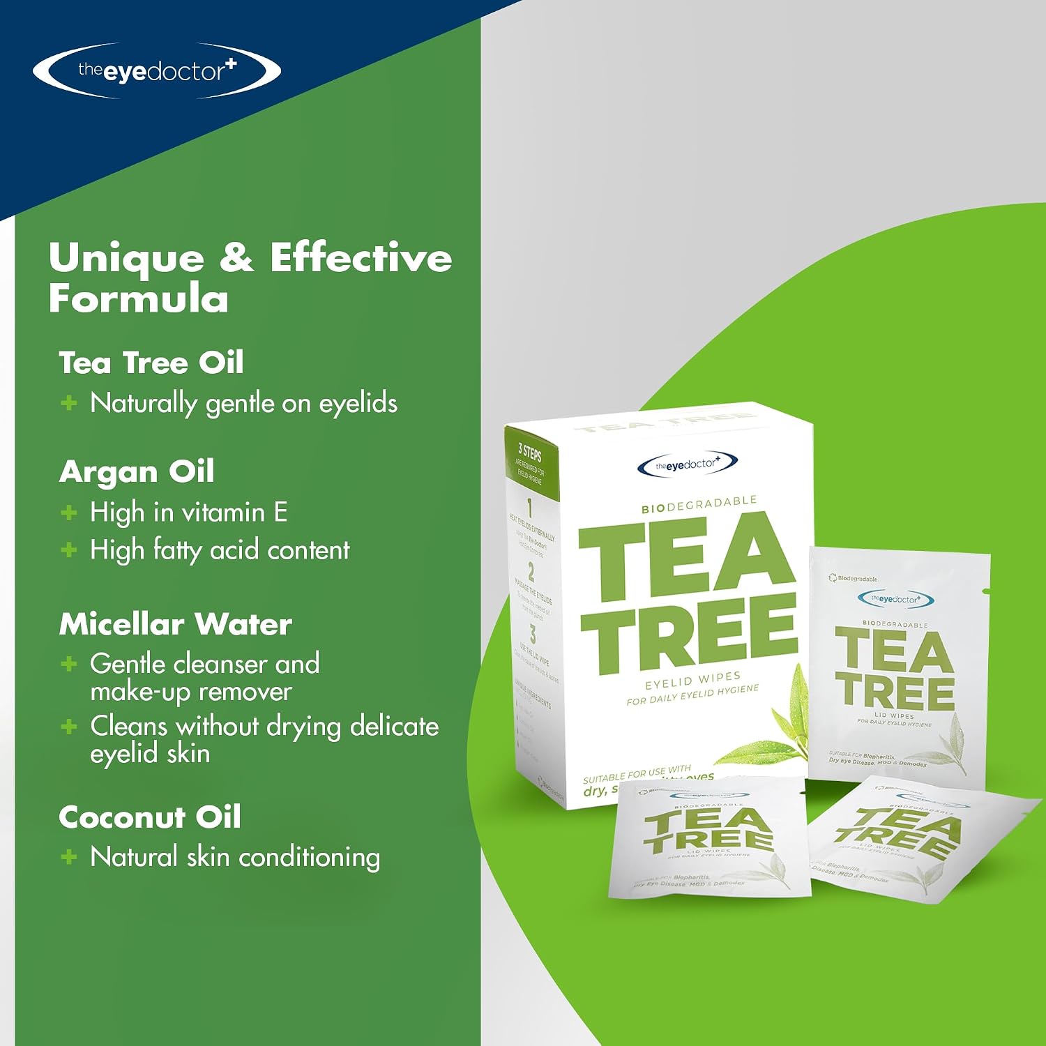 The Eye Doctor Tea Tree Oil Eyelid Wipes - 40 x Single Use Eye Cleaning Wipes for Daily Lid Care - Individual Preservative Free Sensitive Eye