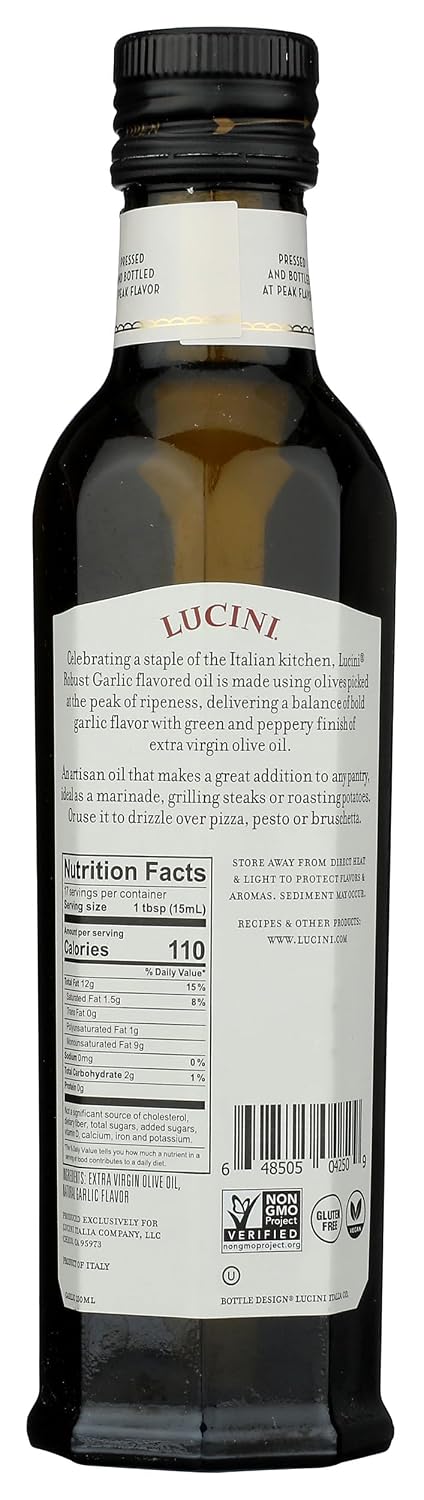 Lucini Italia Delicate Lemon Extra Virgin Olive Oil - EVOO Infused with Fresh Lemon - Olive Oil for Marinade, Grilling, Roasting, Baking - Non-GMO Verified, Whole30 Approved, Kosher, 250mL