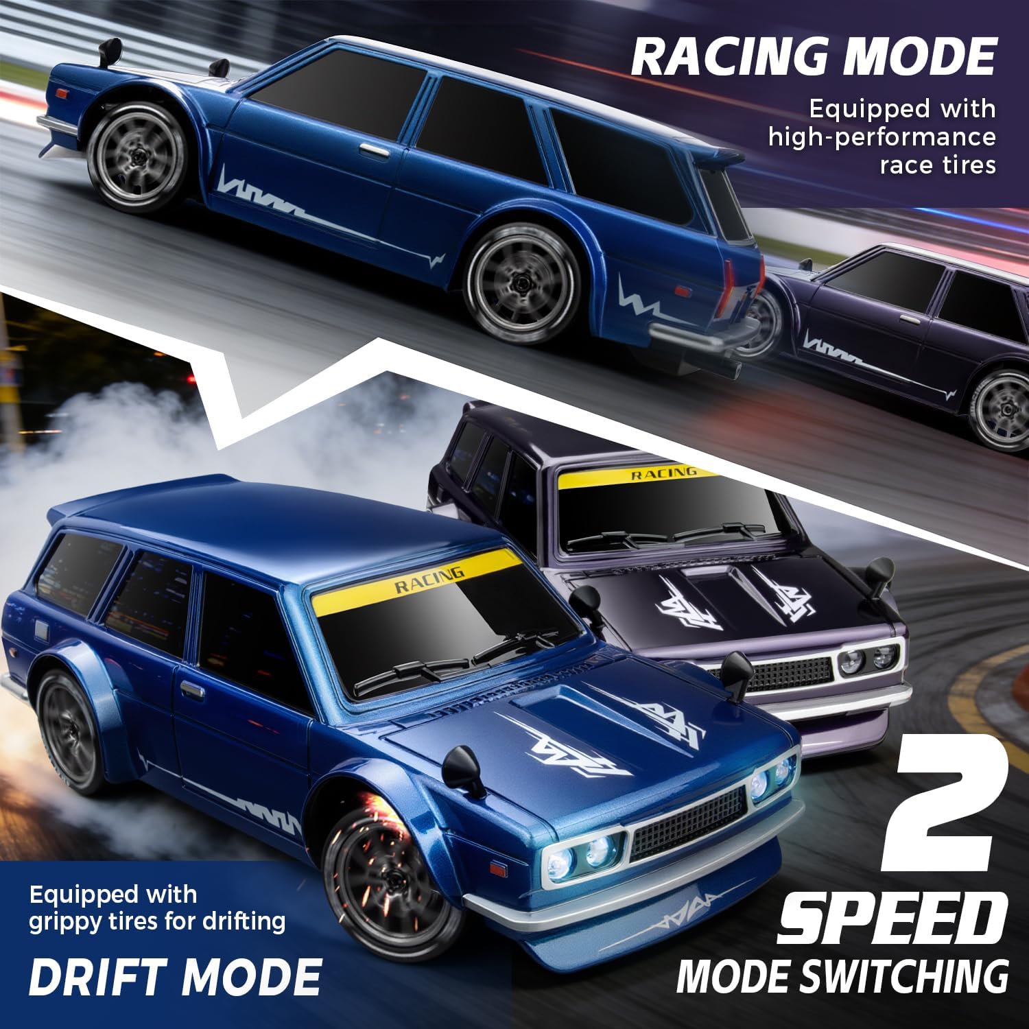 RC Drift Car Purple Racing Livery 1/24 Remote Control Car for Adult | 20KM/H 4WD Low/High Speed RC Cars with LED Lights, Extra Drifting Tires, Vehicle for Kids Boys Girls Beginners Indoor Outdoor