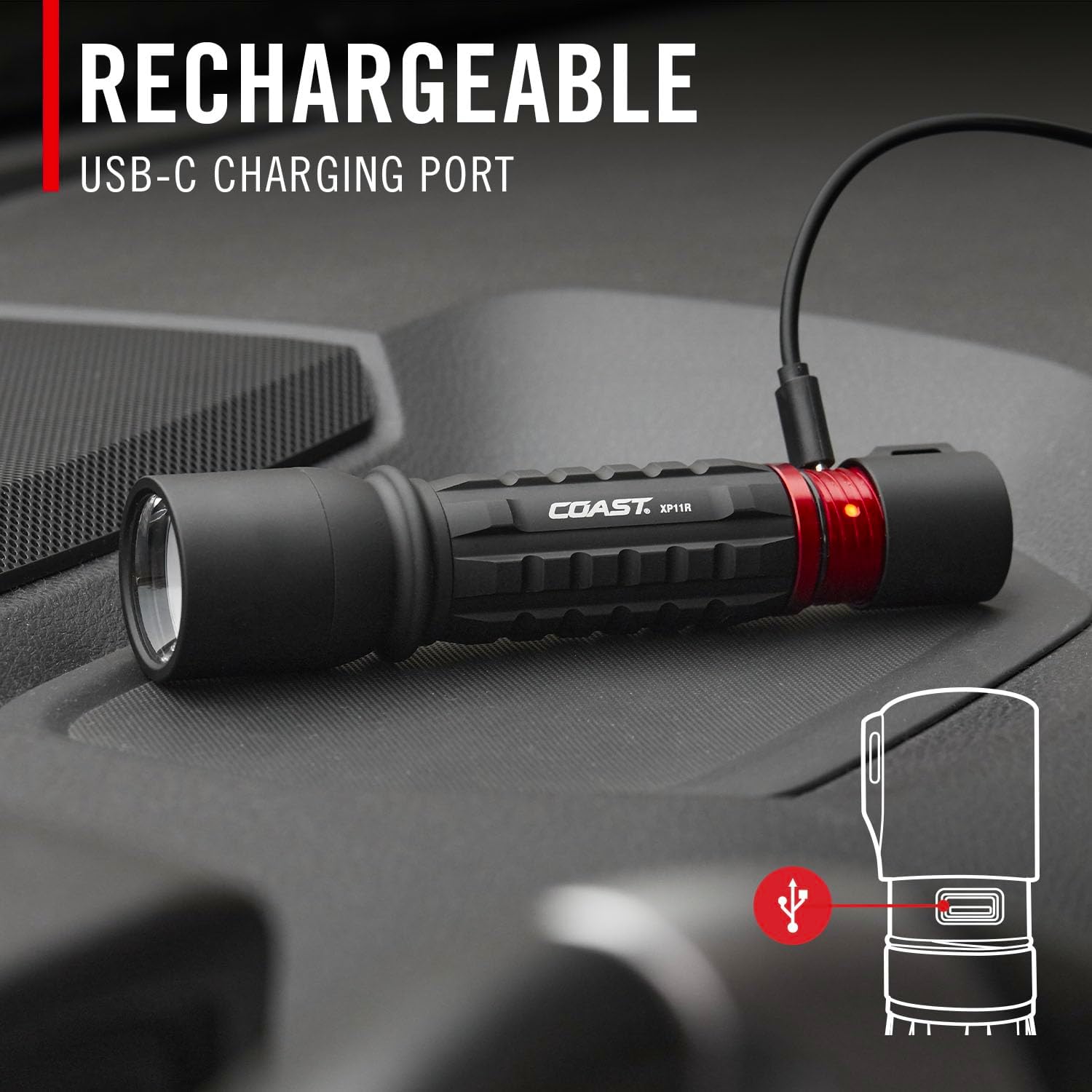 Coast XP11R 2600 Lumen USB-C Rechargeable LED Flashlight with Slide Focus and Pure Beam Focusing Optic, 4 Light Modes, Black