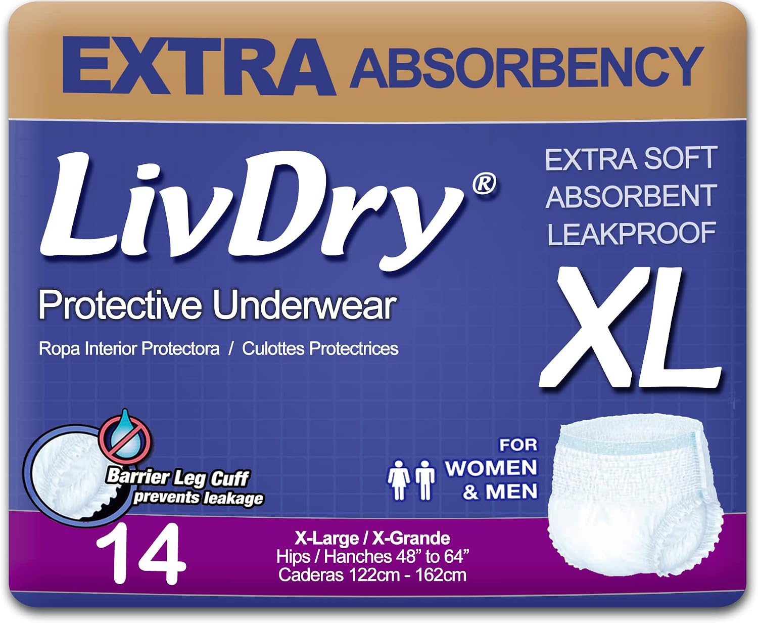 LivDry Adult Incontinence Underwear, Extra Absorbency Adult Diapers, Leak Protection, Large, 72-Pack