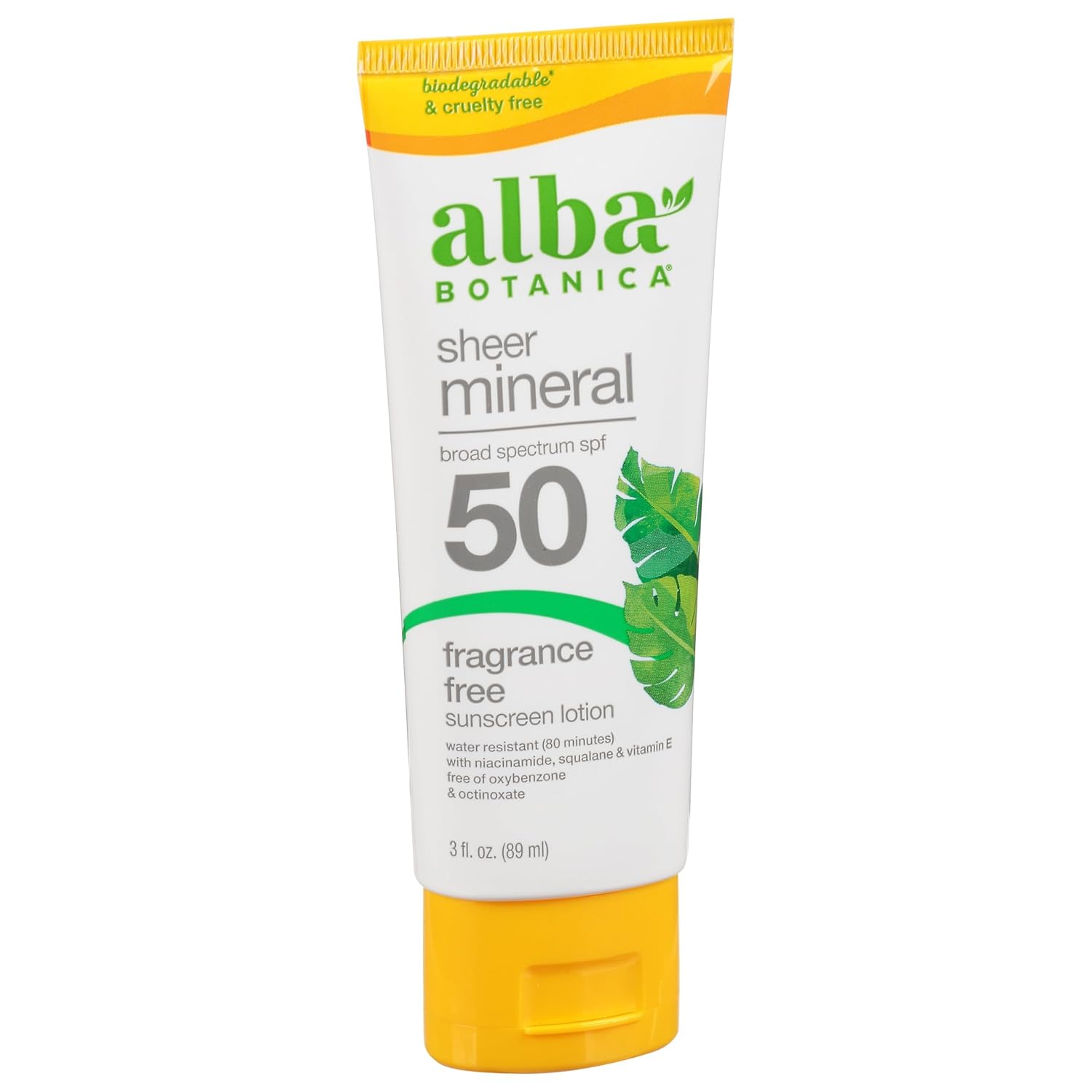 Alba Botanica Mineral Sunscreen Lotion SPF 50, Broad Spectrum, Fragrance Free, 3 Fl Oz (Packaging May Vary)