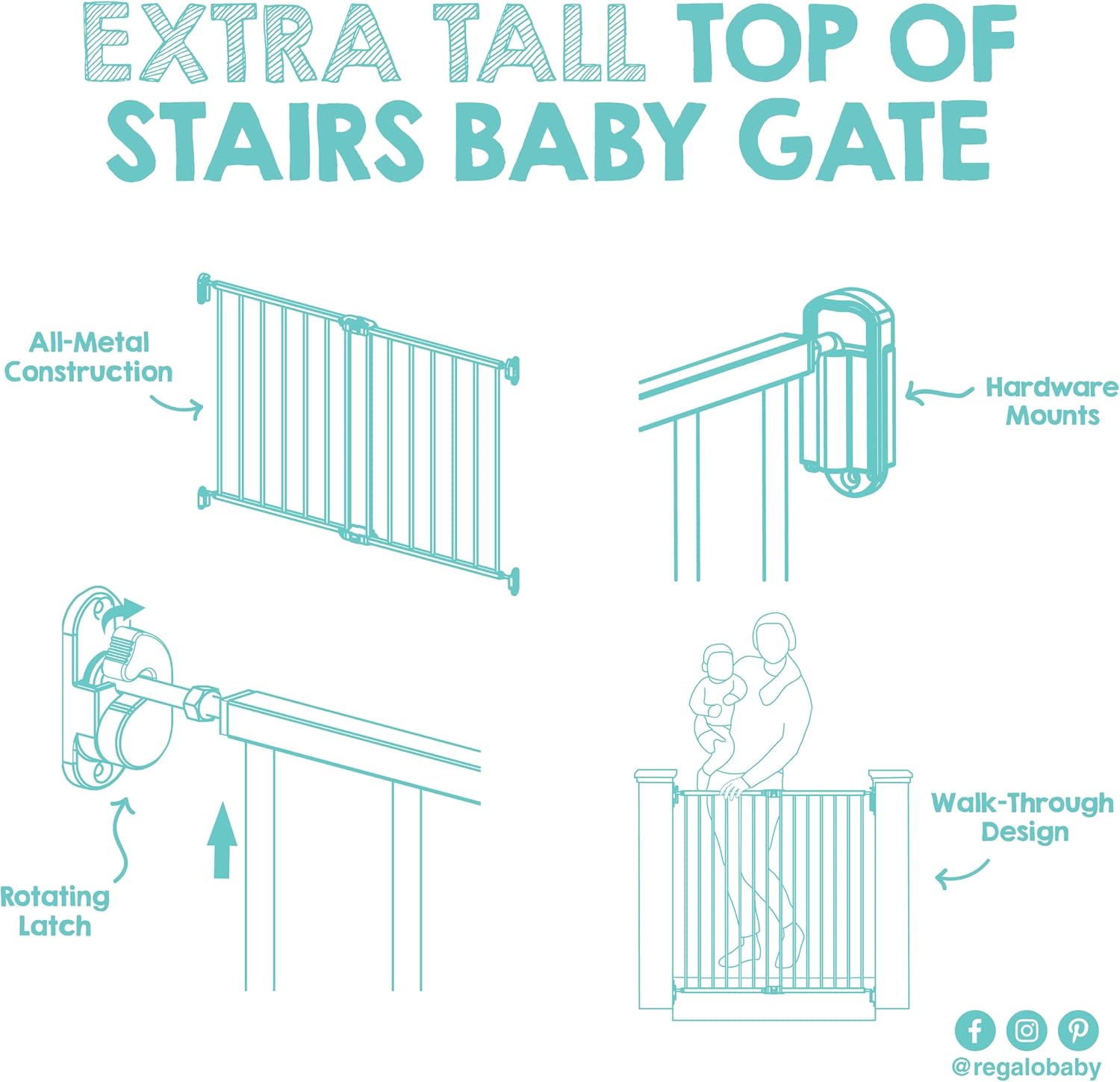 Regalo Safety 36" Extra Tall Baby Gate for Top of Stairs & Dooways