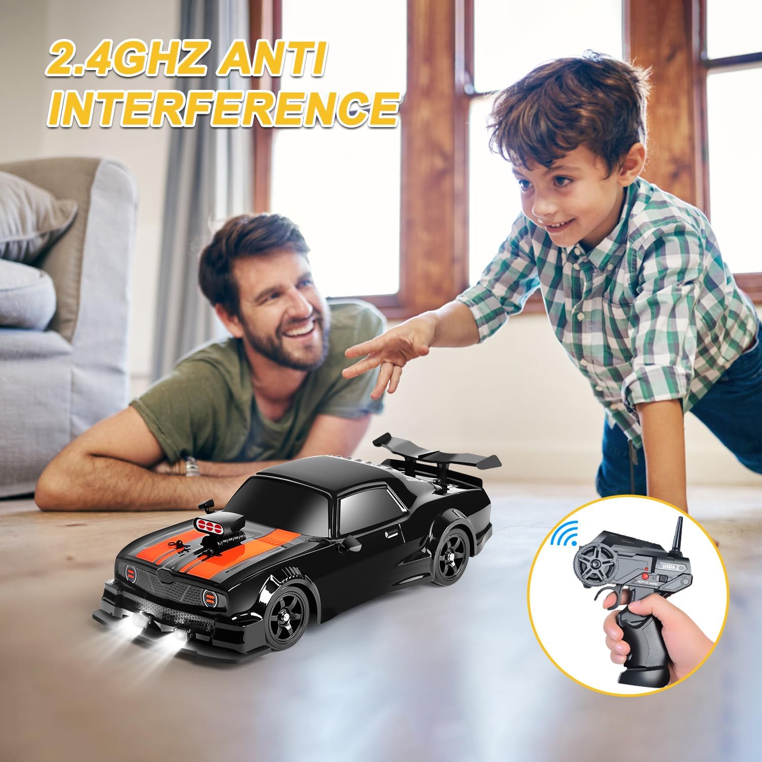 Fistone RC Drift Car 2.4GHz 1:16 Scale 4WD 18KM/H High Speed Remote Control Car with LED Lights, 2 Batteries and Rubber Tire