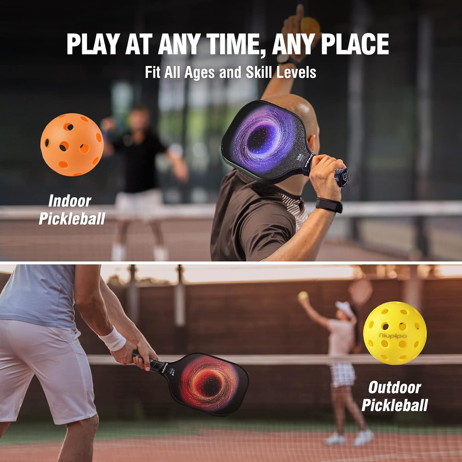 niupipo Pickleball Paddles Set of 2 or 4, USAPA Approved Fiberglass Pickleball Paddle Set with Balls and Bag, Polypropylene Honeycomb Core