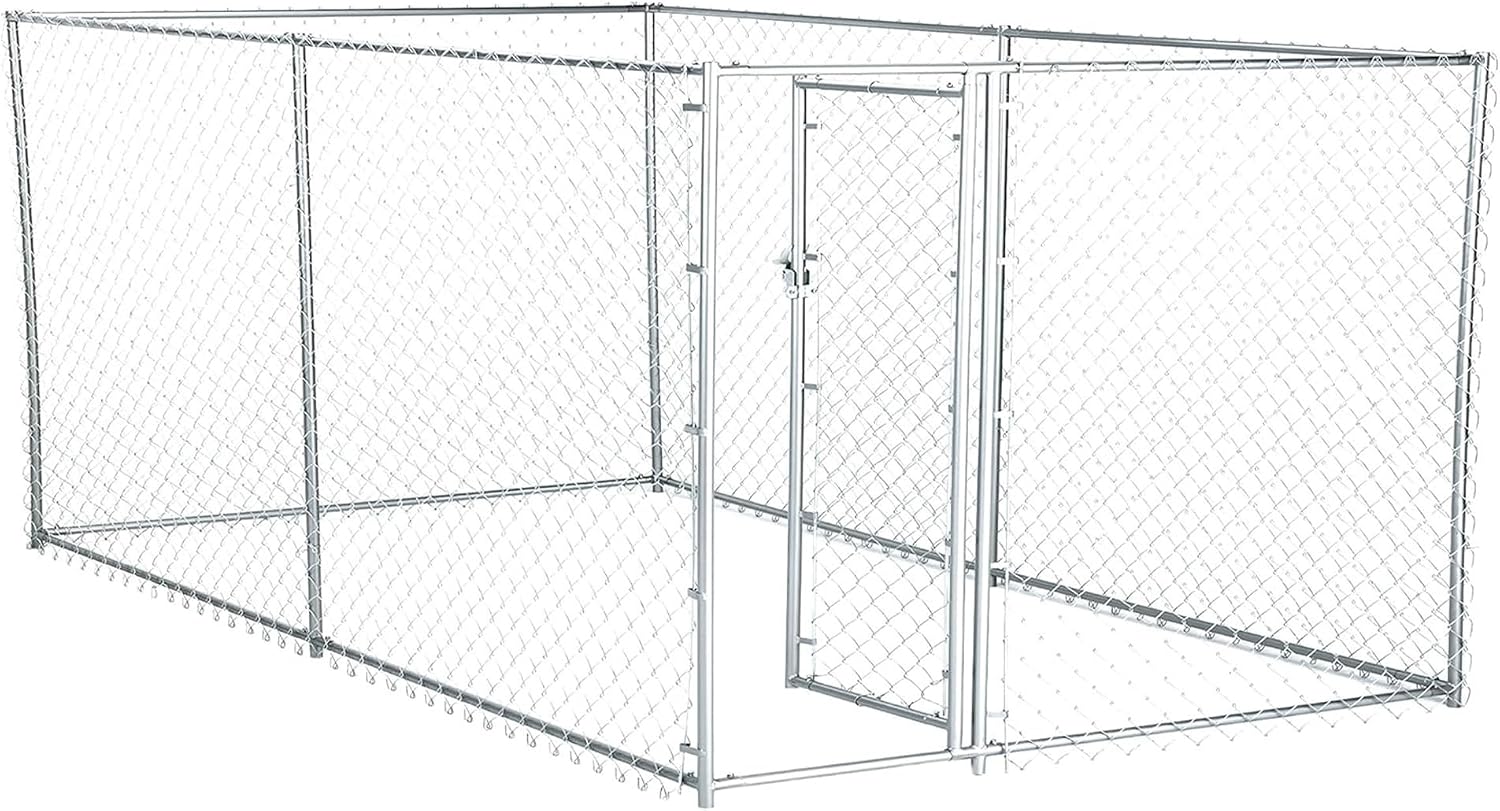 Lucky Dog 10' x 10' x 6' Heavy Duty Outdoor Welded Galvanized Steel Chain Link Dog Kennel Enclosure with 2 Configurations and Latching Door, Silver