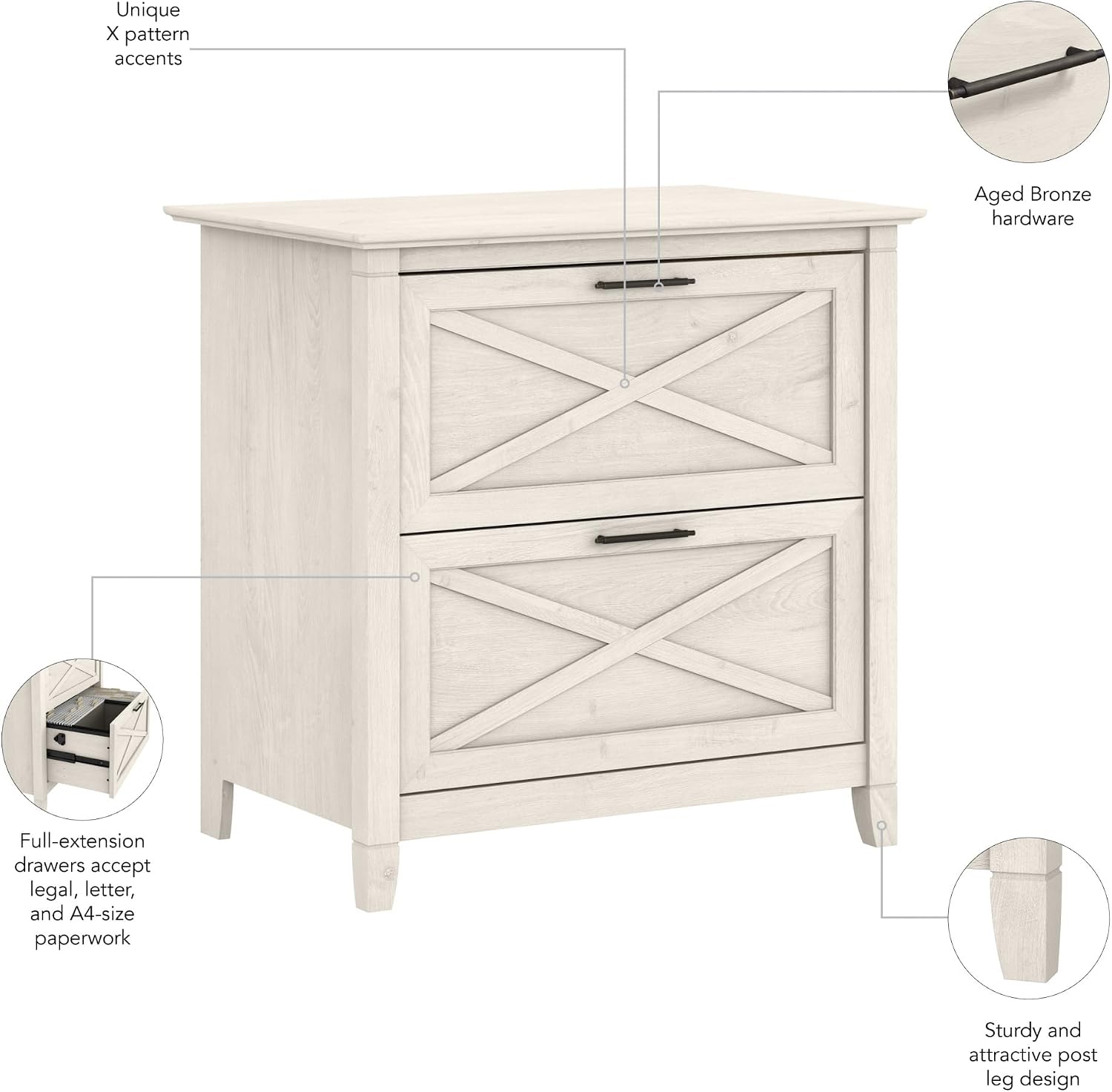 Bush Home Key West 2 Drawer Lateral File Cabinet in Washed Gray, Document Storage for Home Office, Accent Chest with Drawers