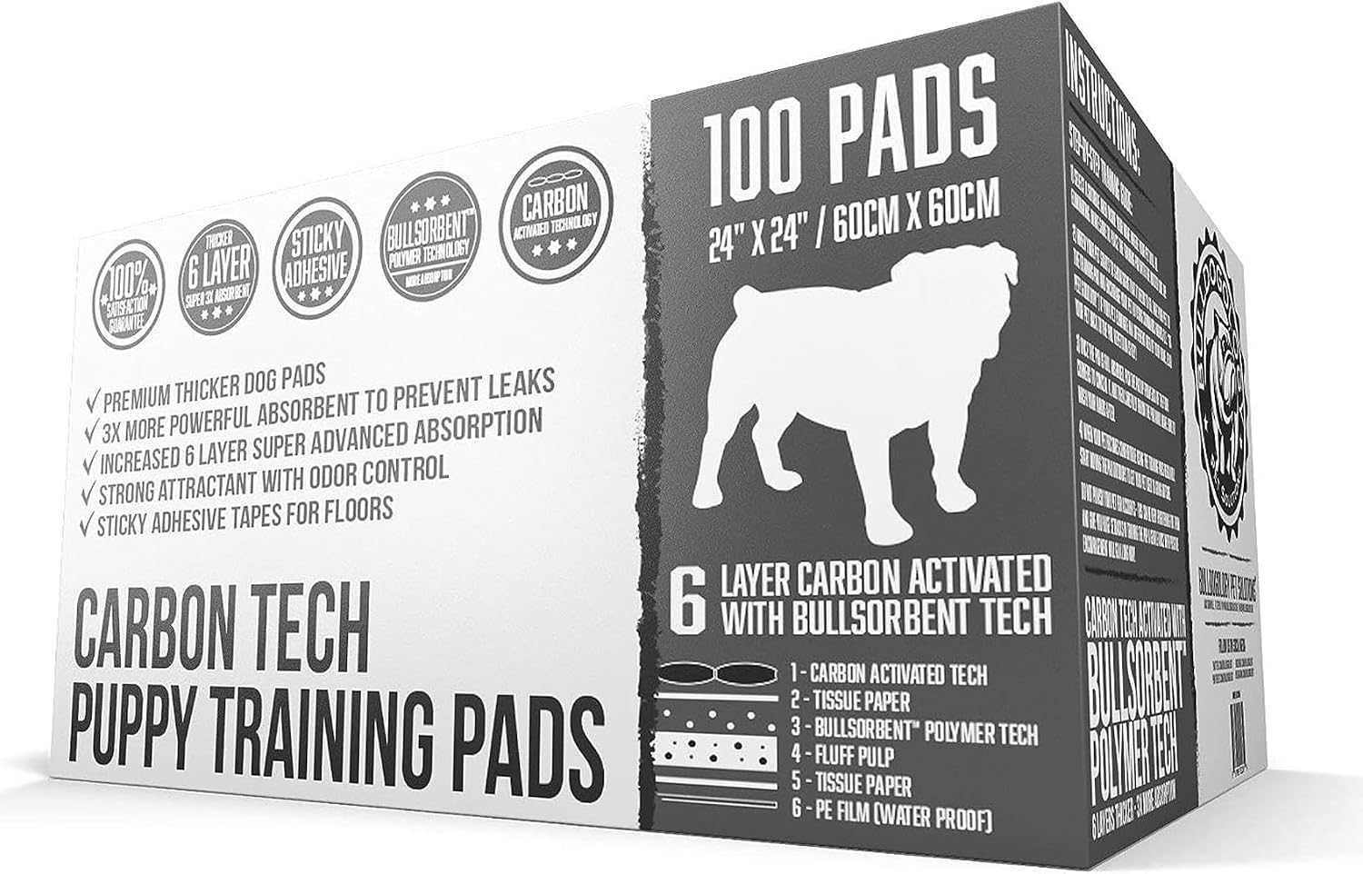 Bulldoglogy 50-Count Carbon Black Dog Pads Puppy Training Pads with Adhesive Tape 24x24 - Large Charcoal Puppy Pads Dog Training Wee Pads, Odor Control Thick Pee Pads for Dogs Extra Quick Dry