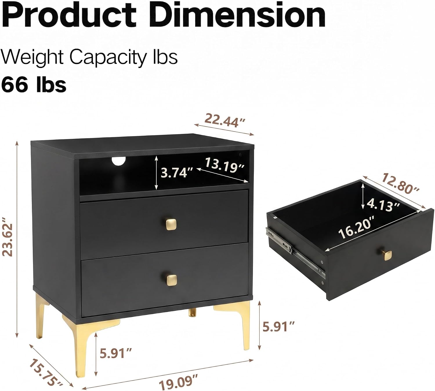 AILEEKISS Black Nightstands Set of 2 with Wireless Charger Station | Modern Bedside Tables Tall Night Stands Storage with 2 Drawers Metal Legs for