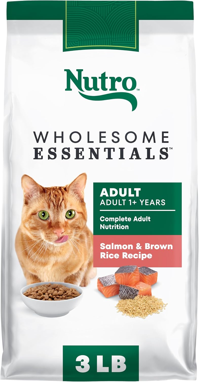 Nutro Wholesome Essentials Adult Dry Cat Food, Salmon & Brown Rice, 3 lb | Real salmon #1 ingredient, Omega-6 for skin & coat, prebiotic fiber for digestion, Vitamin E & Selenium antioxidants