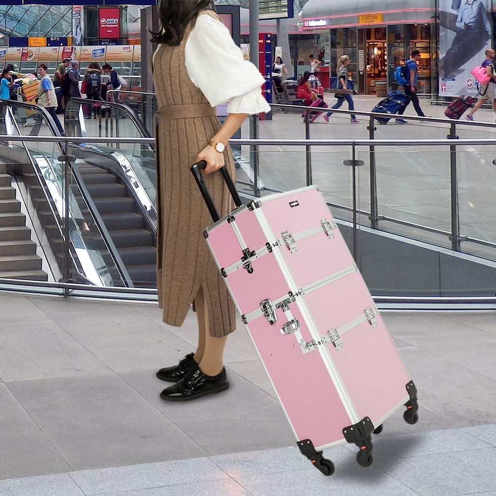 mefeir 2 in 1 Rolling Makeup Train Case Professional Cosmetic trolley on Wheels Aluminum Nail Cart Cosmetic Suitcase for professional makeup artist, Luggage Lockable w/4 Removable Wheels (Black)