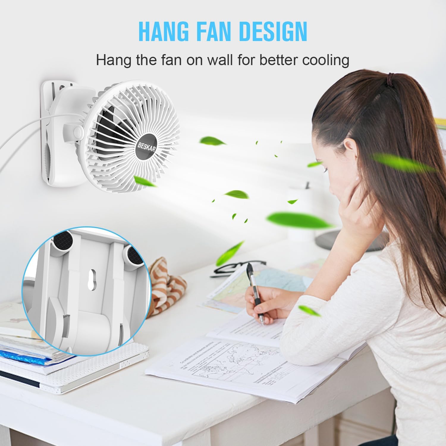 BESKAR USB Clip on Fan, Portable Small Desk Fan with Cord Powered