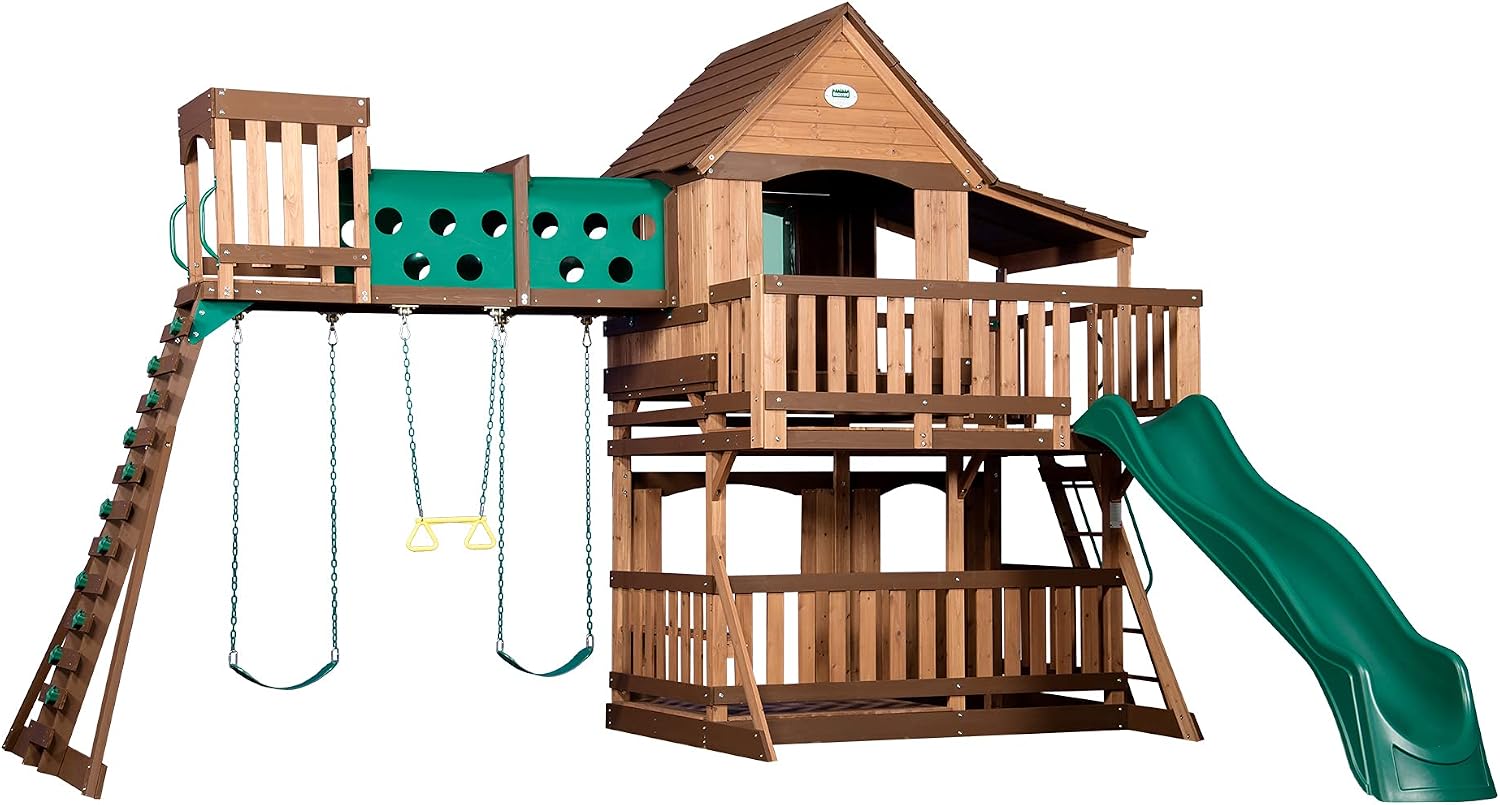 Backyard Discovery Woodridge Elite Cedar Wood Swing Set with Wave Slide, Clubhouse, Crawl Tunnel, Crow's Nest, Belt Swings, Trapeze, Rock Wall Ladder