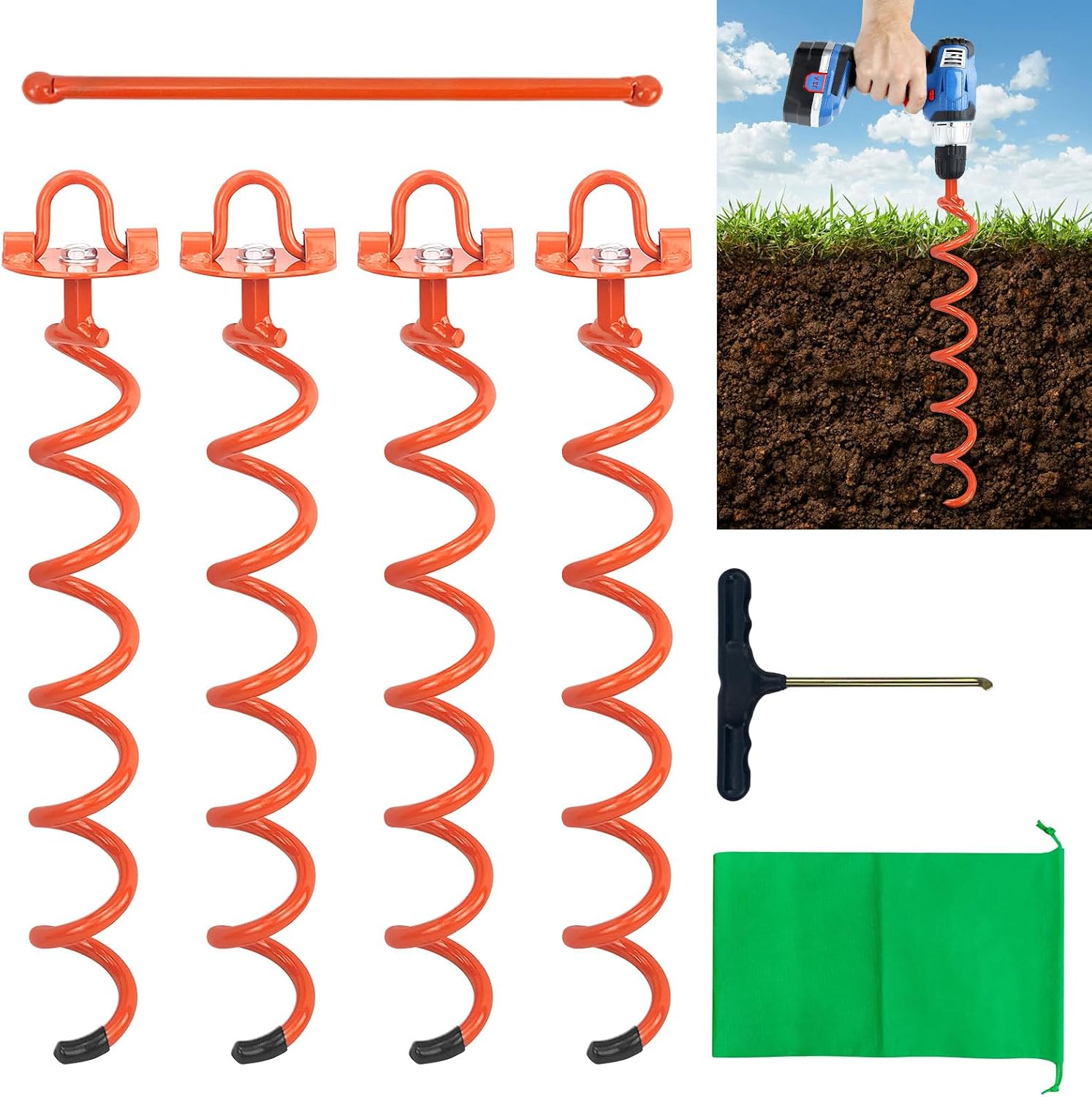 MIXXIDEA 11.4 Inch Gound Anchors Screw in, Metal Spiral Earth Anchors Kit, Heavy Duty Folding Ring Spiral Stake, Silver Ground Stakes for Tent