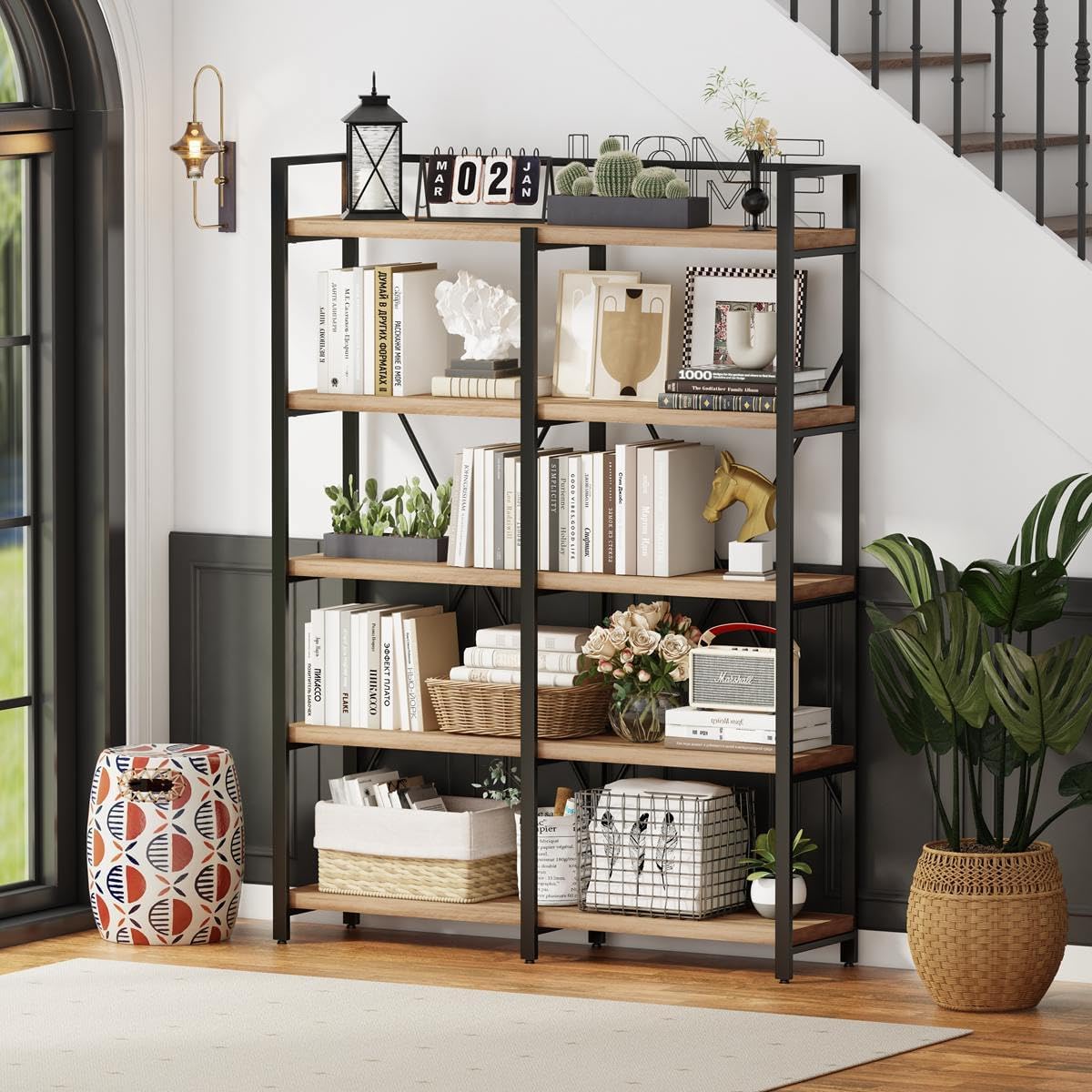 FATORRI Bookshelf, 5 Tier Industrial, 51 Inch Wide 69 Inch Tall Etagere Bookcase