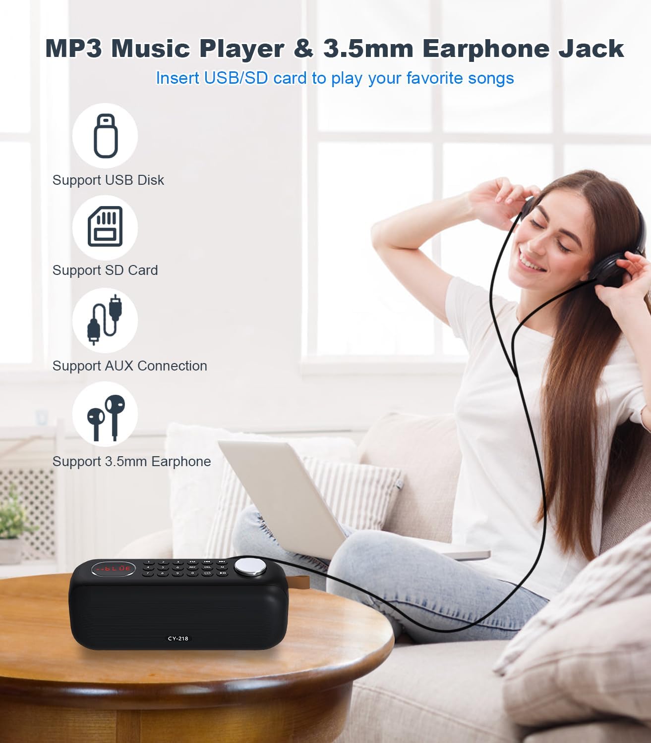 Portable Bluetooth Speaker FM Radio Digital, Support USB/SD Card MP3 Music Player/AUX/REC, Build-in 3000mAh Rechargeable Battery