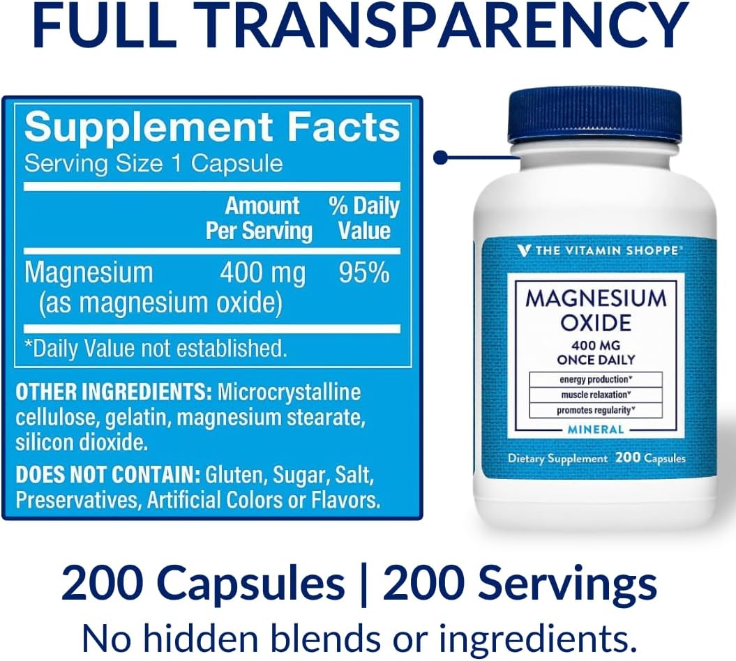 The Vitamin Shoppe Brand Magnesium Oxide 400 mg, Bone Support, 200 Count | Daily Magnesium Mineral for Muscle Relaxation