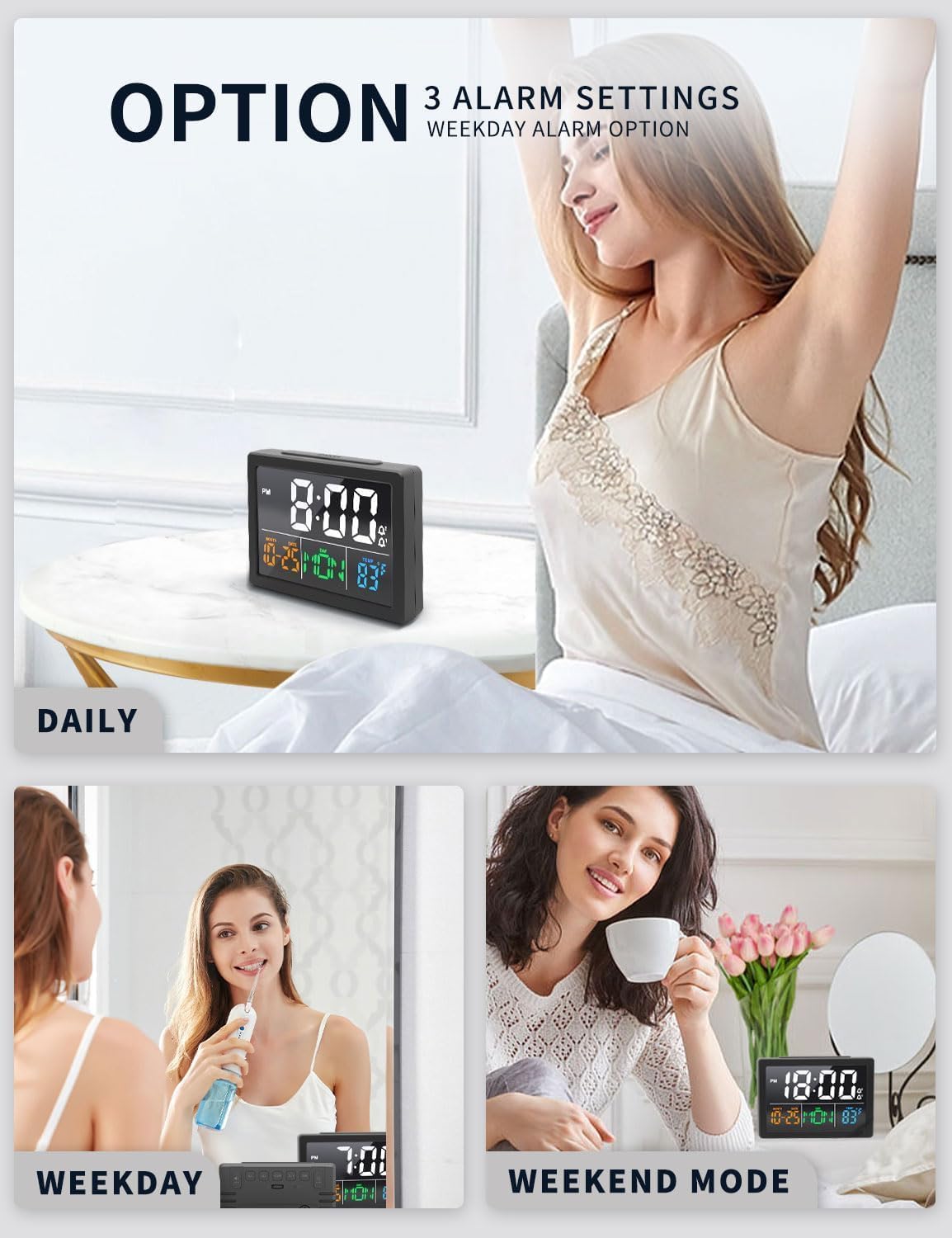 JALL Digital Clock with Date Day for Seniors, Electric Alarm Clocks for Bedrooms with Temperature, 2 Alarms, Dimmer, Dual USB Charger, Battery Backup
