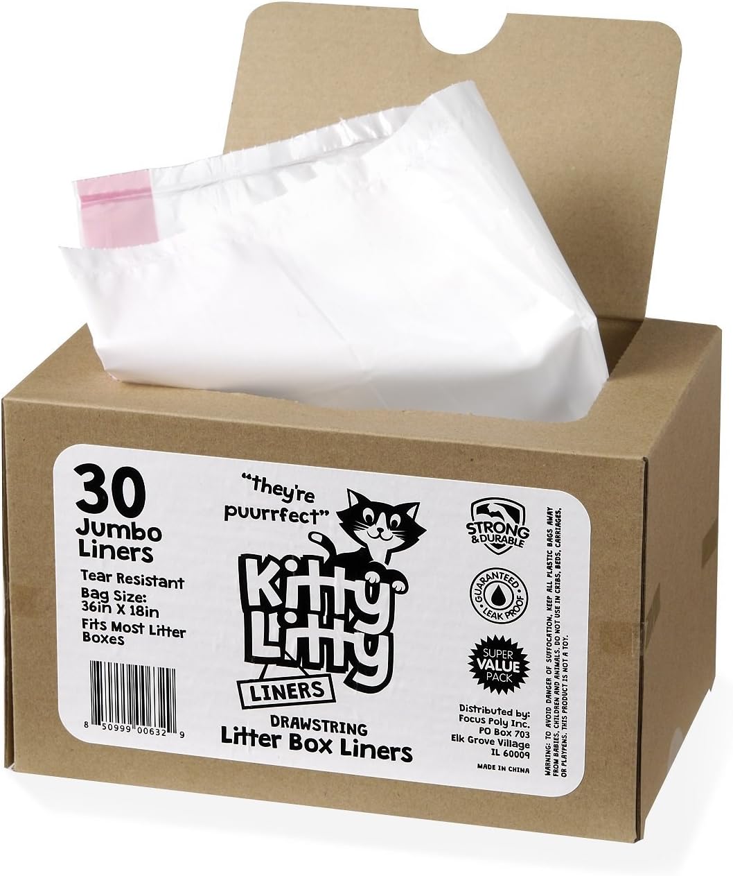 Cat Litter Box Liners 30 Count Drawstring Kitten Waste Bag | leak proof, heavy duty, scratch resistant, litter tray liner, kitty clean up