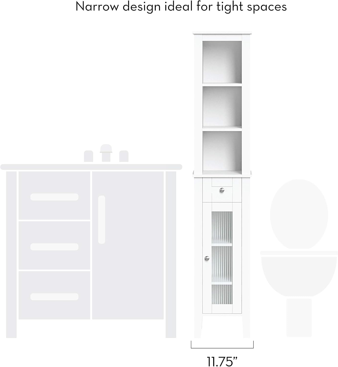RiverRidge Prescott Tall Slim Bathroom Linen Storage Cabinet, White | Versatile Narrow Organizer with Reeded Glass Door, Open Display