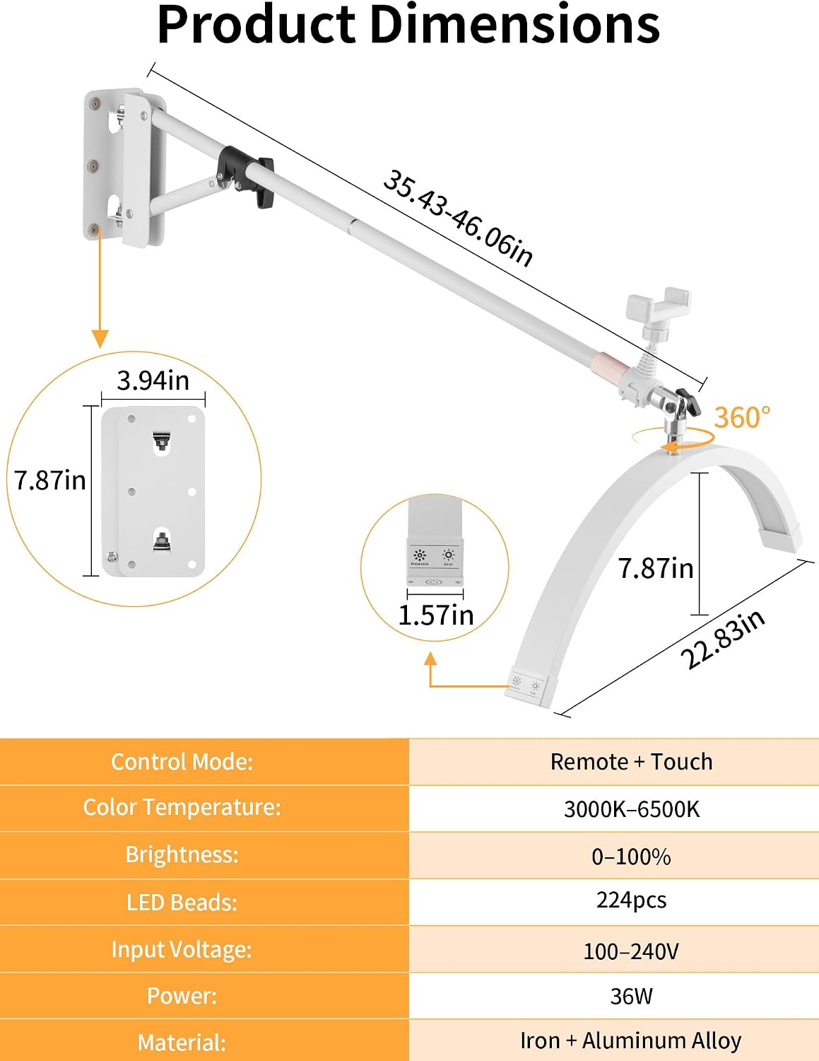 SITTO Wall Mounted Half Moon Beauty Light, LED Hanging Lash Lamp, White | Beauty moon light with Phone Holder, Dimmable Brightness for Tattoo, Nail