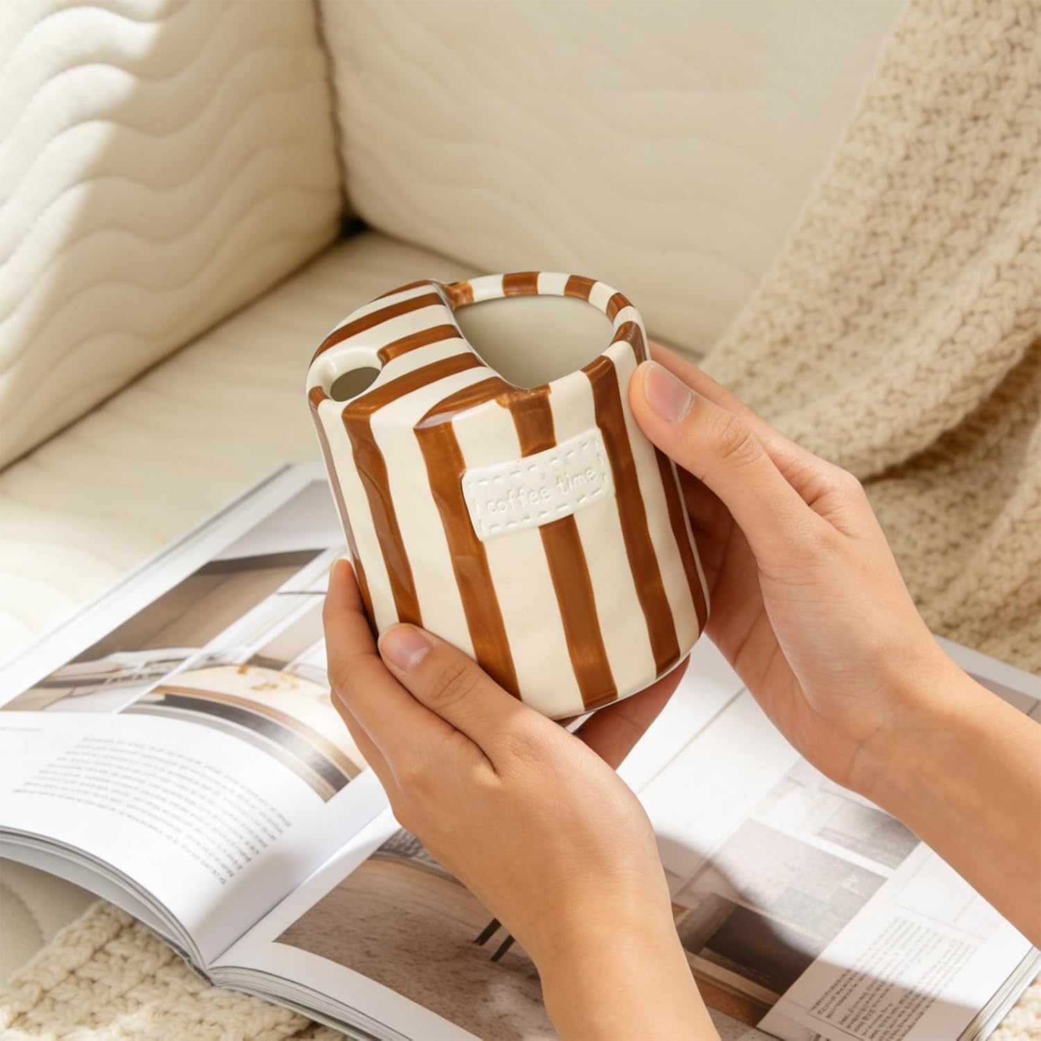 10oz Ceramic Coffee Mug with Sip Hole, Striped Espresso Cups for Hot & Cold Drinks and Microwave & Dishwasher & Freezer Safe