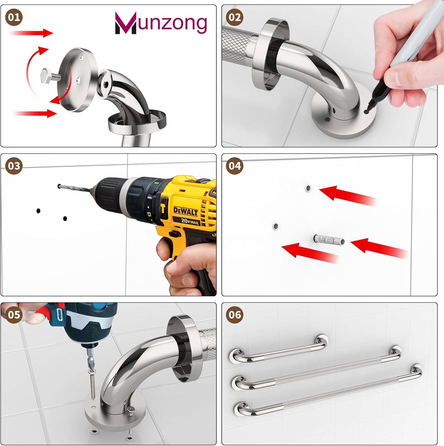 Munzong 3 Pack Commercial Handicap Grab Bars 18" 36" 42" Brushed Nickel | Bathroom Grab Bar for Shower 1.25" Diameter Anti Slip Bathroom Balance Bar Safety Hand Rail for Elderly Injury Senior
