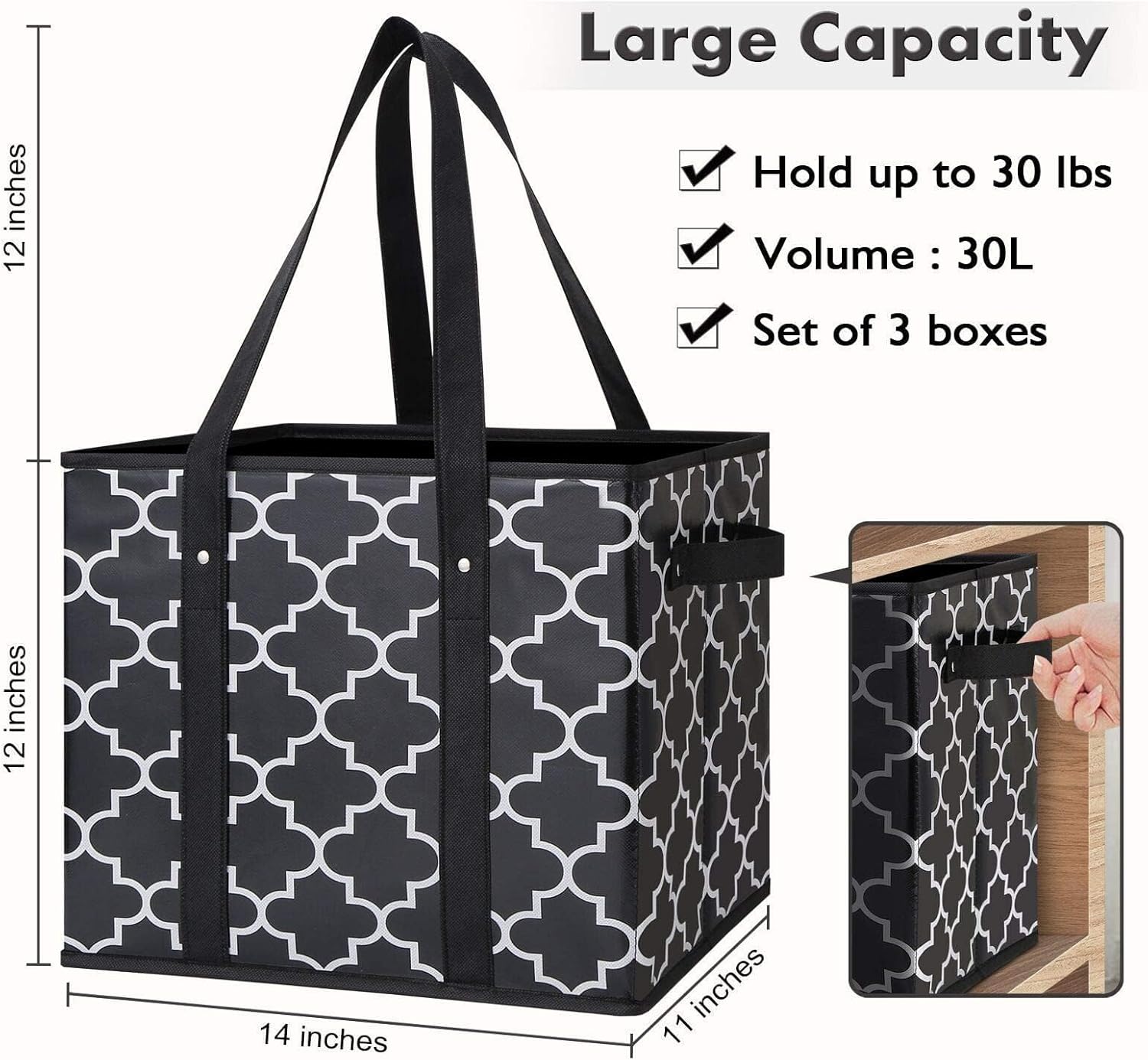 WISELIFE Reusable Grocery Bags 3-Pack Foldable Washable Large Storage Bins Basket Water Resistant Shopping Tote Bag Black